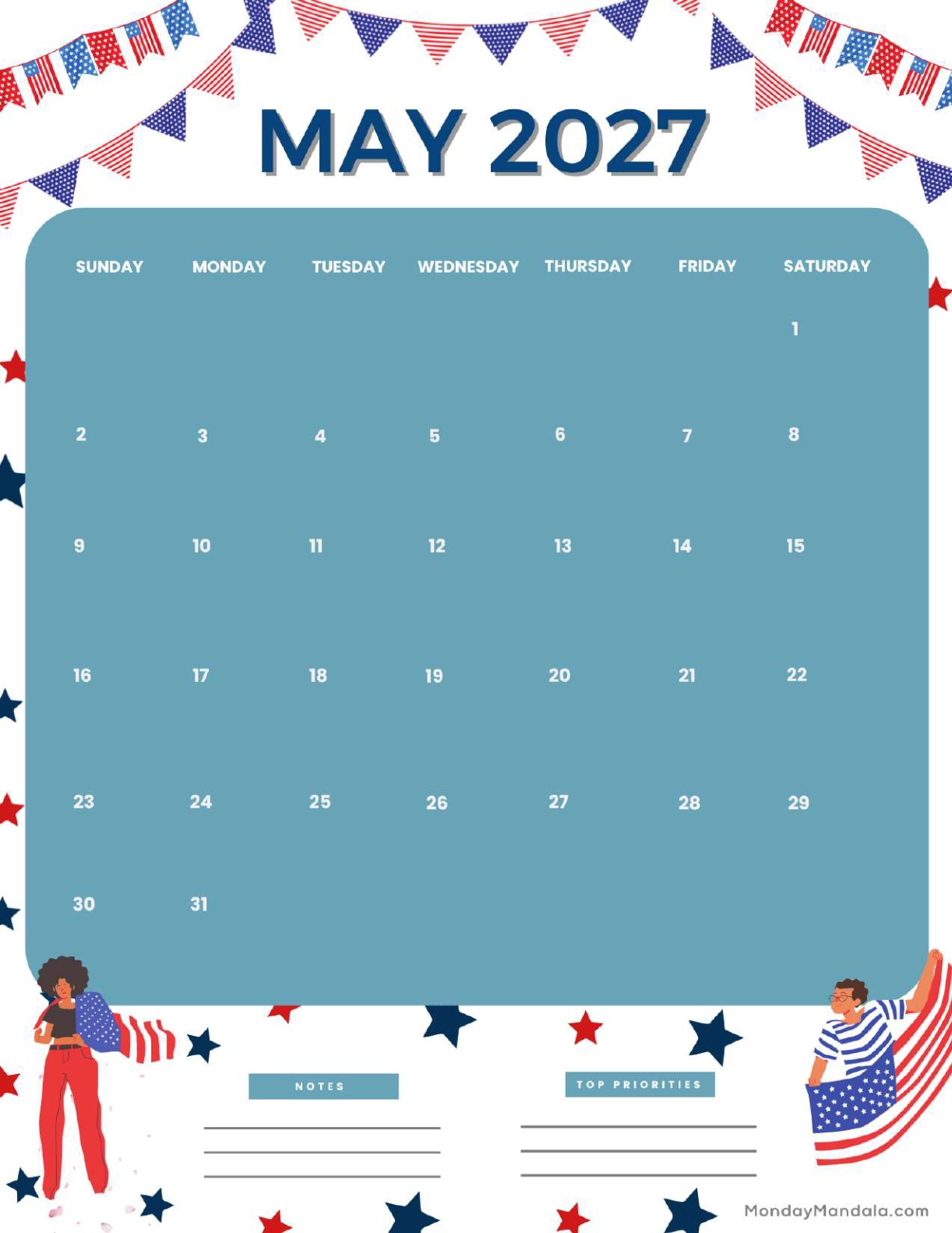 May 2027 Calendar Printable Memorial Day 2 Portrait v2