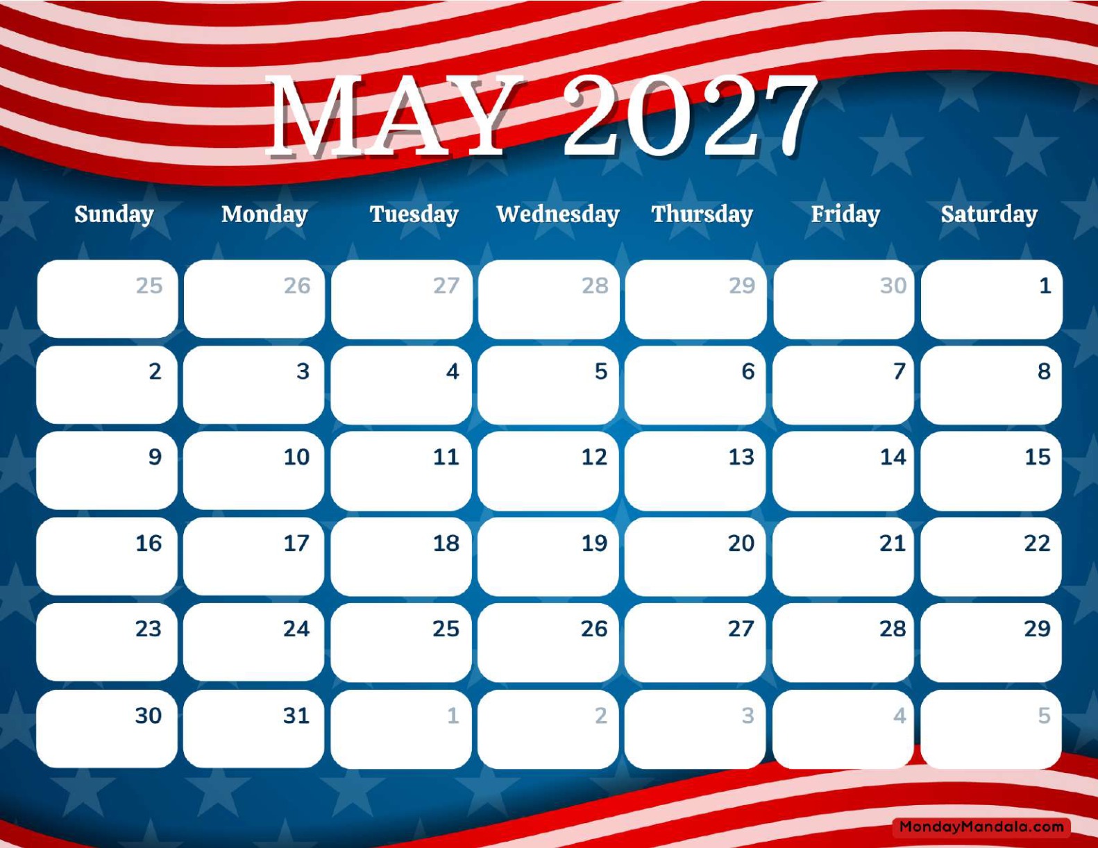 May 2027 Calendar Printable Memorial Day 3 Landscape v2