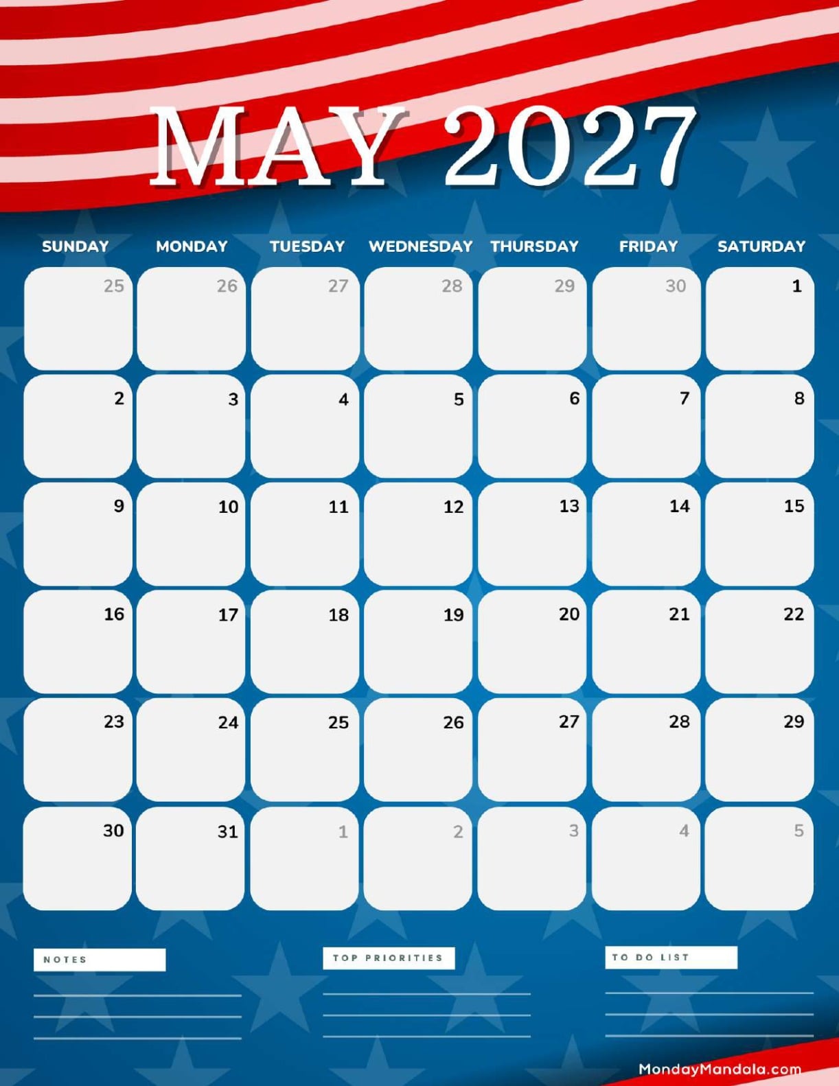 May 2027 Calendar Printable Memorial Day 3 Portrait v2