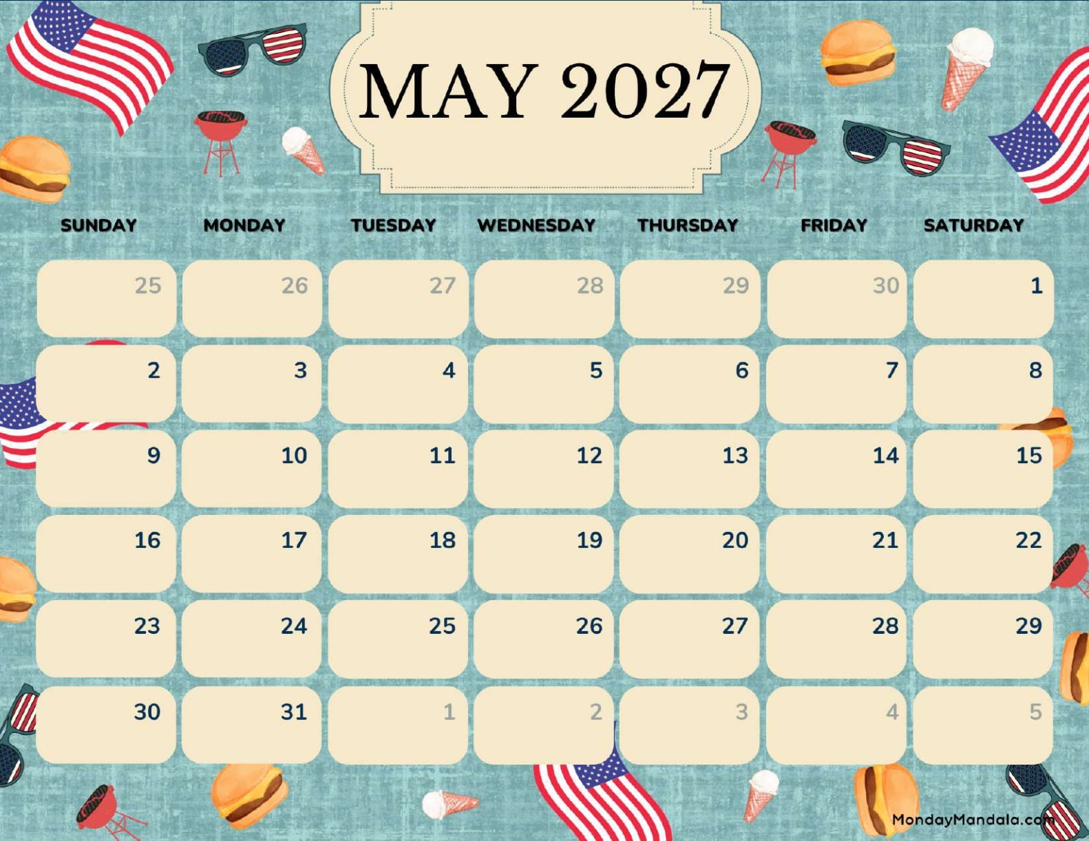 May 2027 Calendar Printable Memorial Day Landscape v2