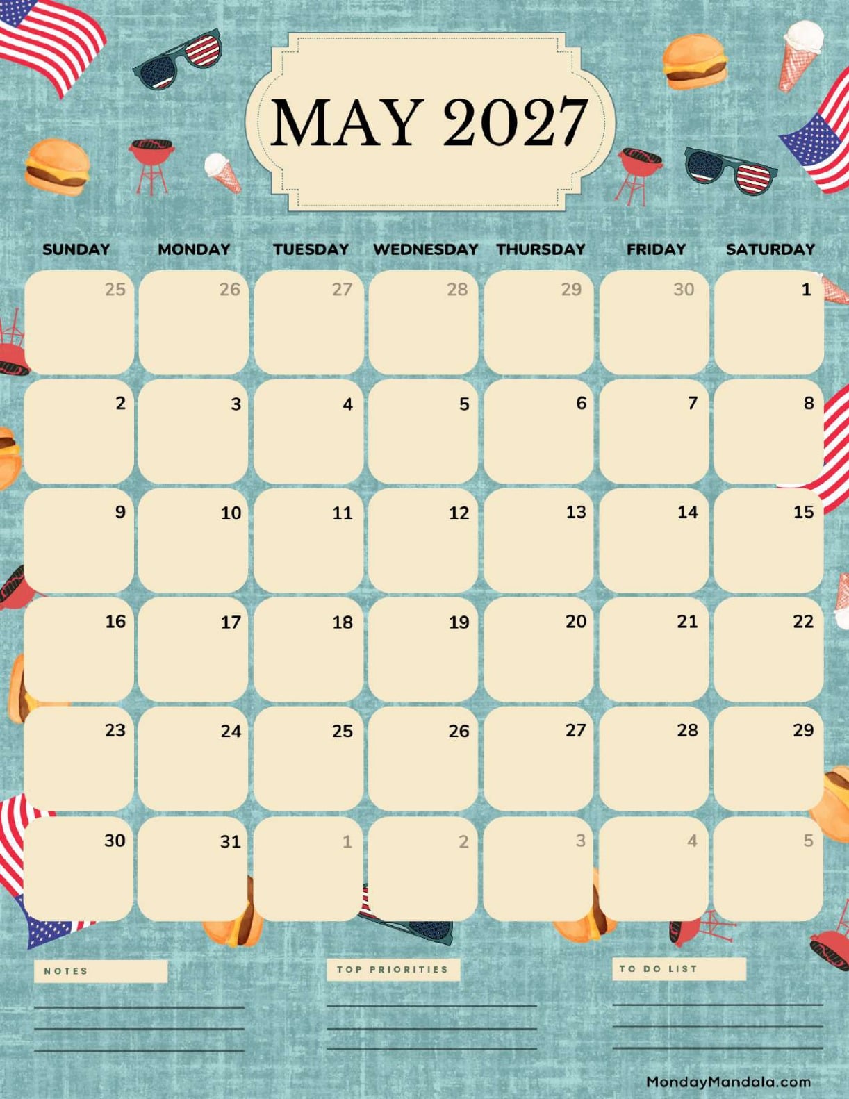 May 2027 Calendar Printable Memorial Day Portrait v2