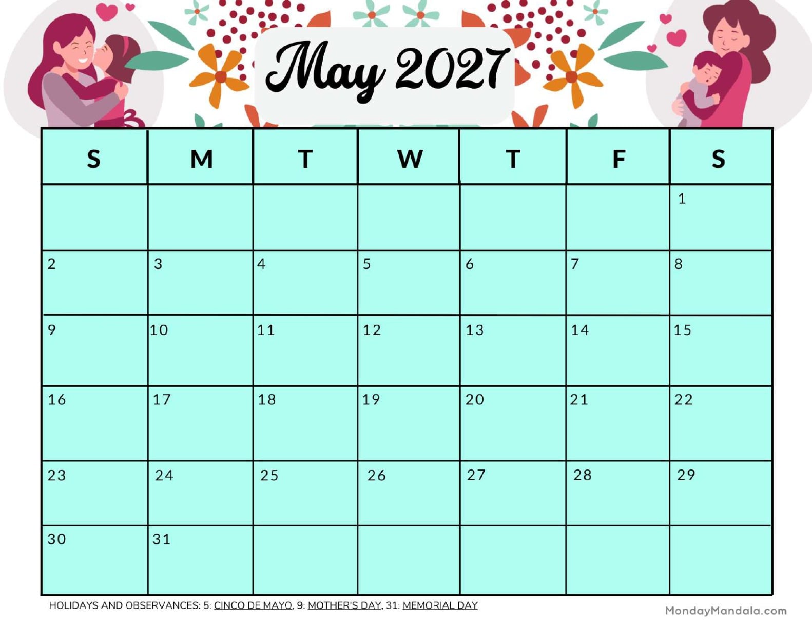 May 2027 Calendar Printable Mothers Day 2 Landscape v2