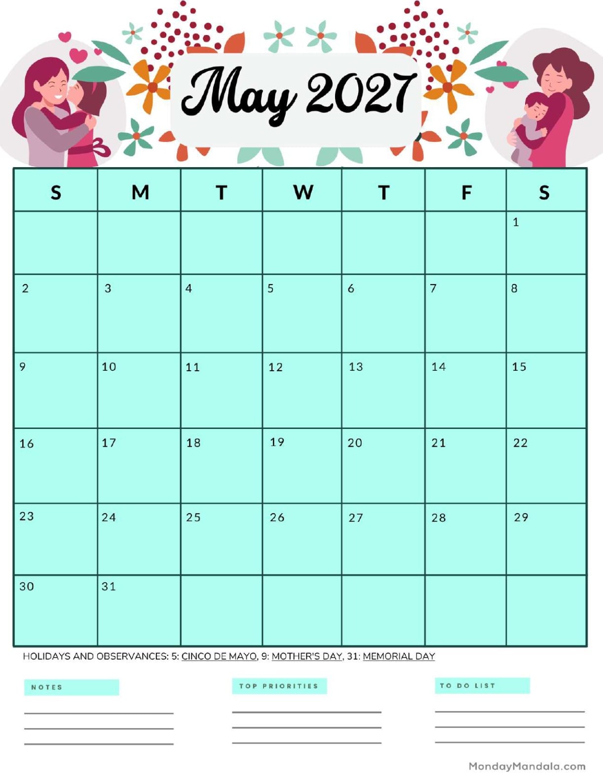 May 2027 Calendar Printable Mother’s Day 2 Portrait v2