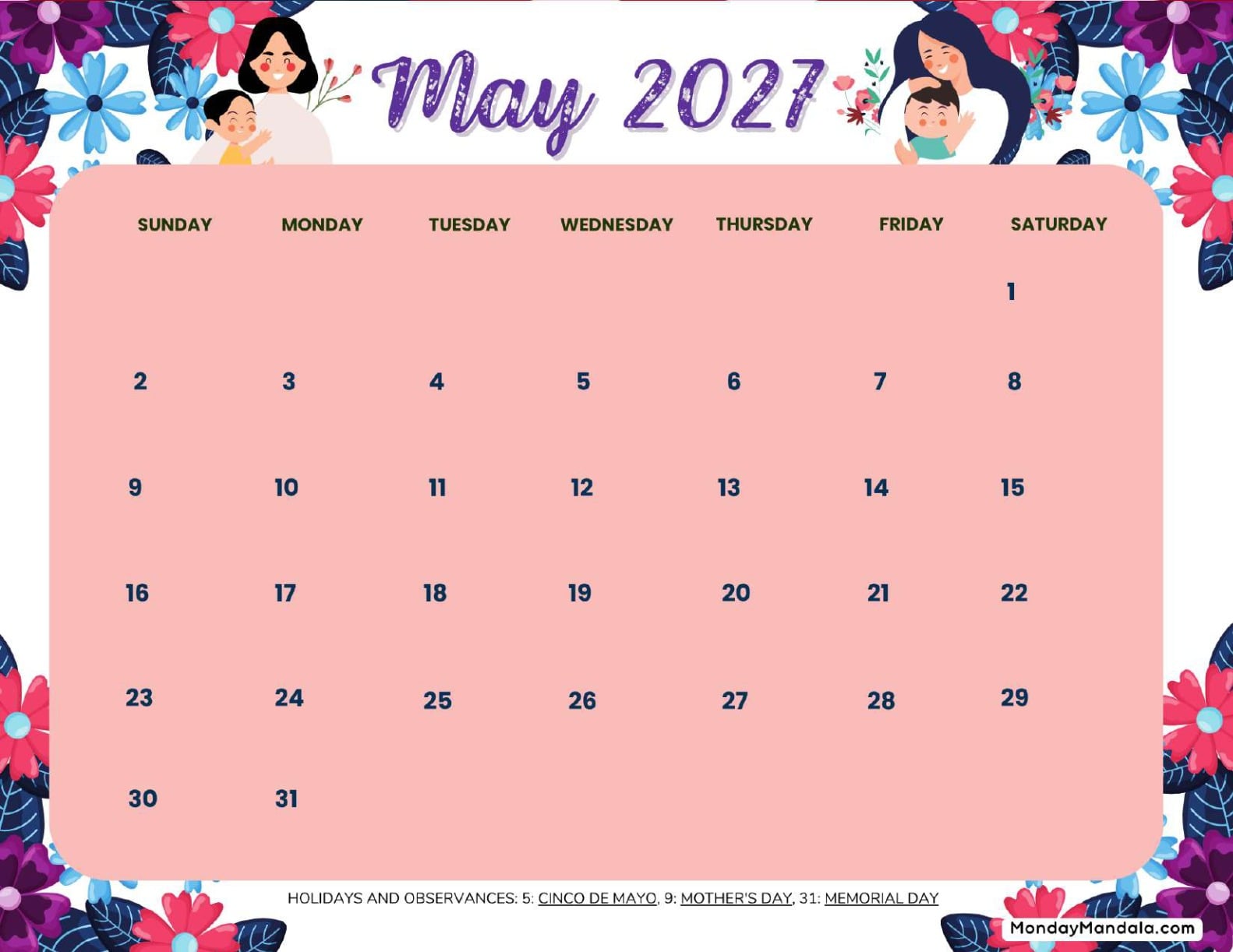 May 2027 Calendar Printable Mothers Day 3 Landscape v2