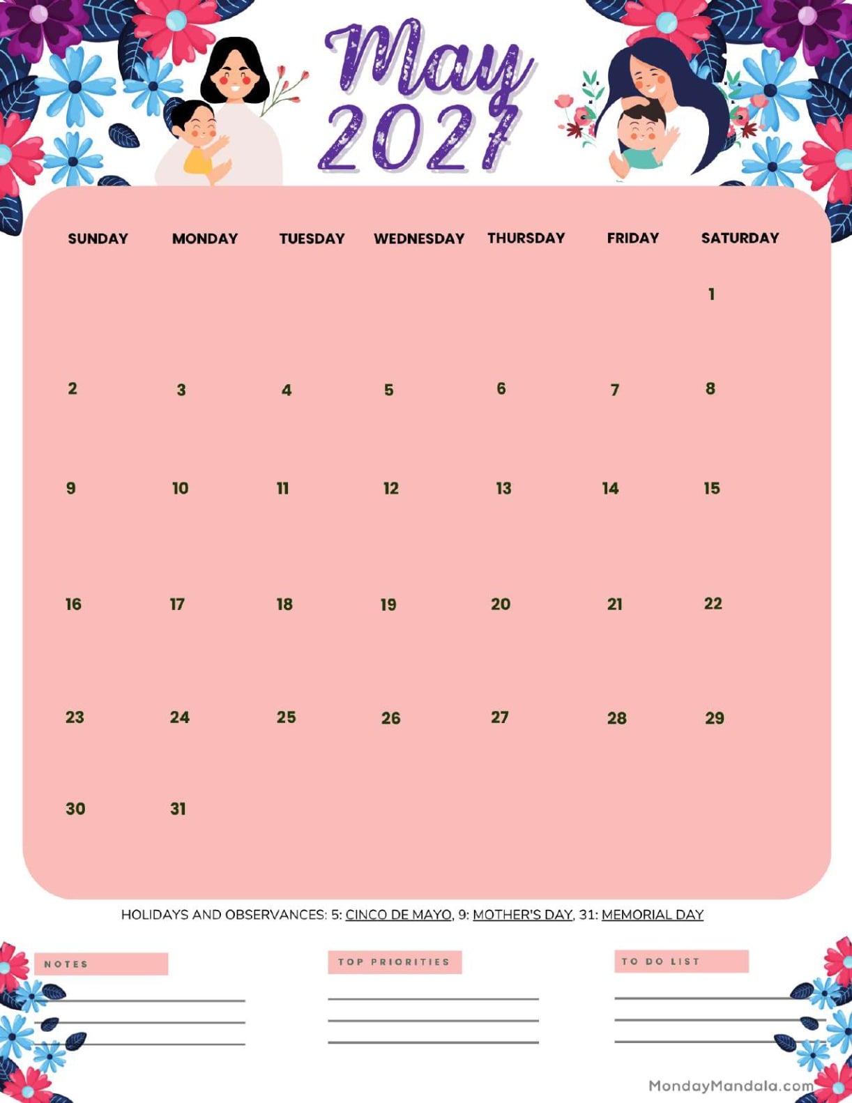 May 2027 Calendar Printable Mother’s Day 3 Portrait v2