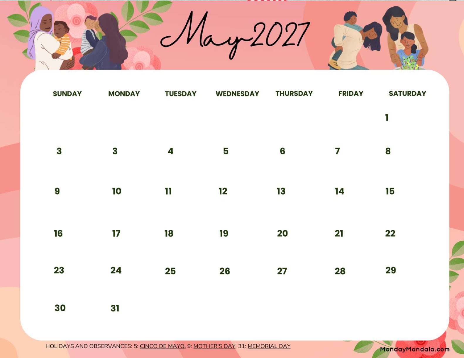 May 2027 Calendar Printable Mothers Day Landscape v2