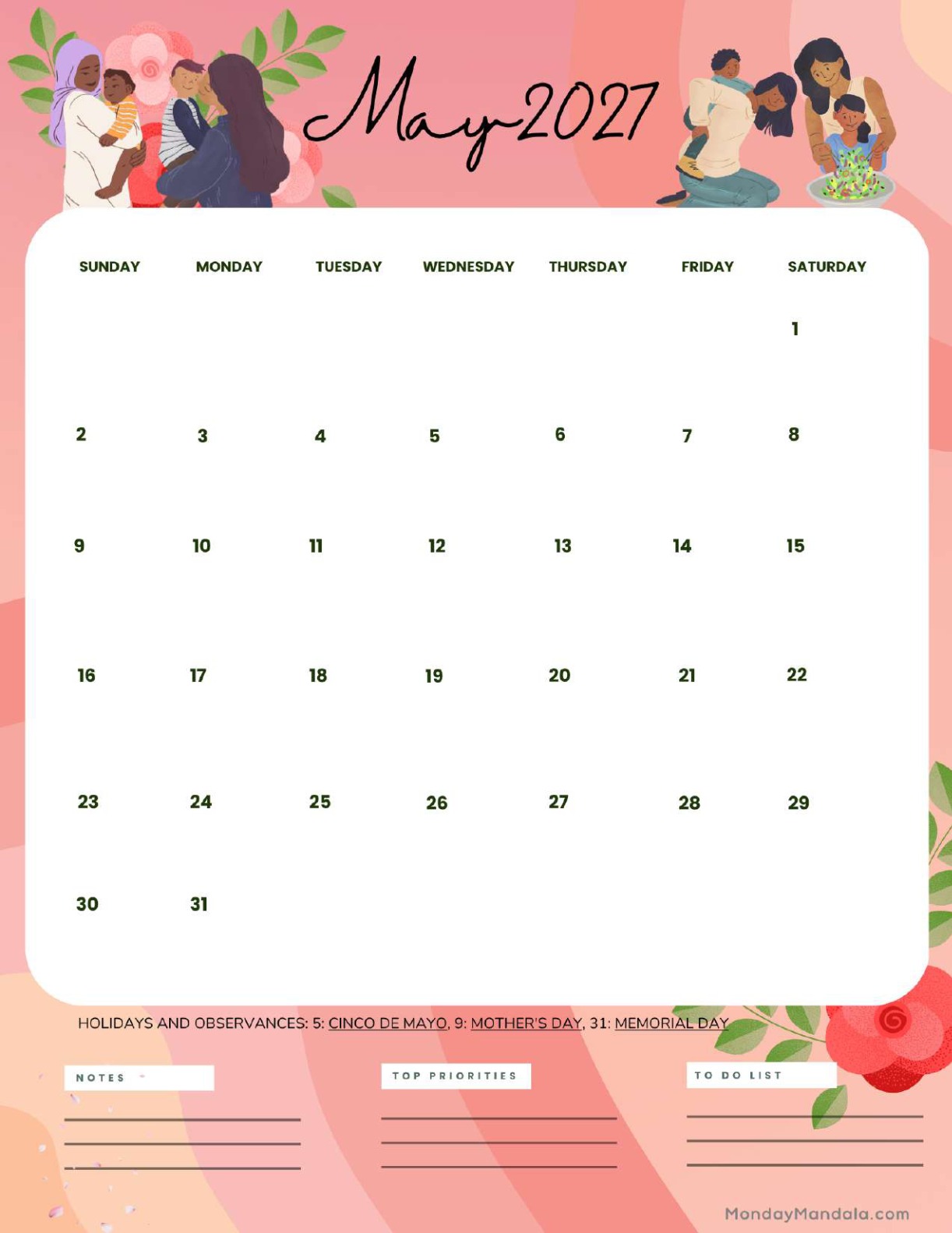 May 2027 Calendar Printable Mother’s Day Portrait v2