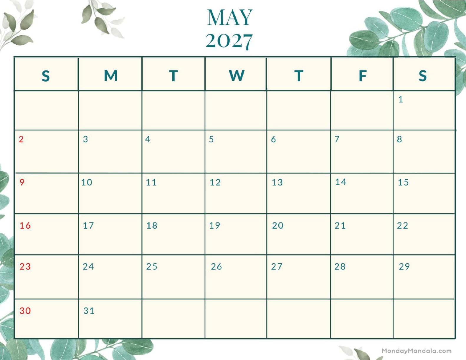 May 2027 Calendar Printable Nature Landscape v2