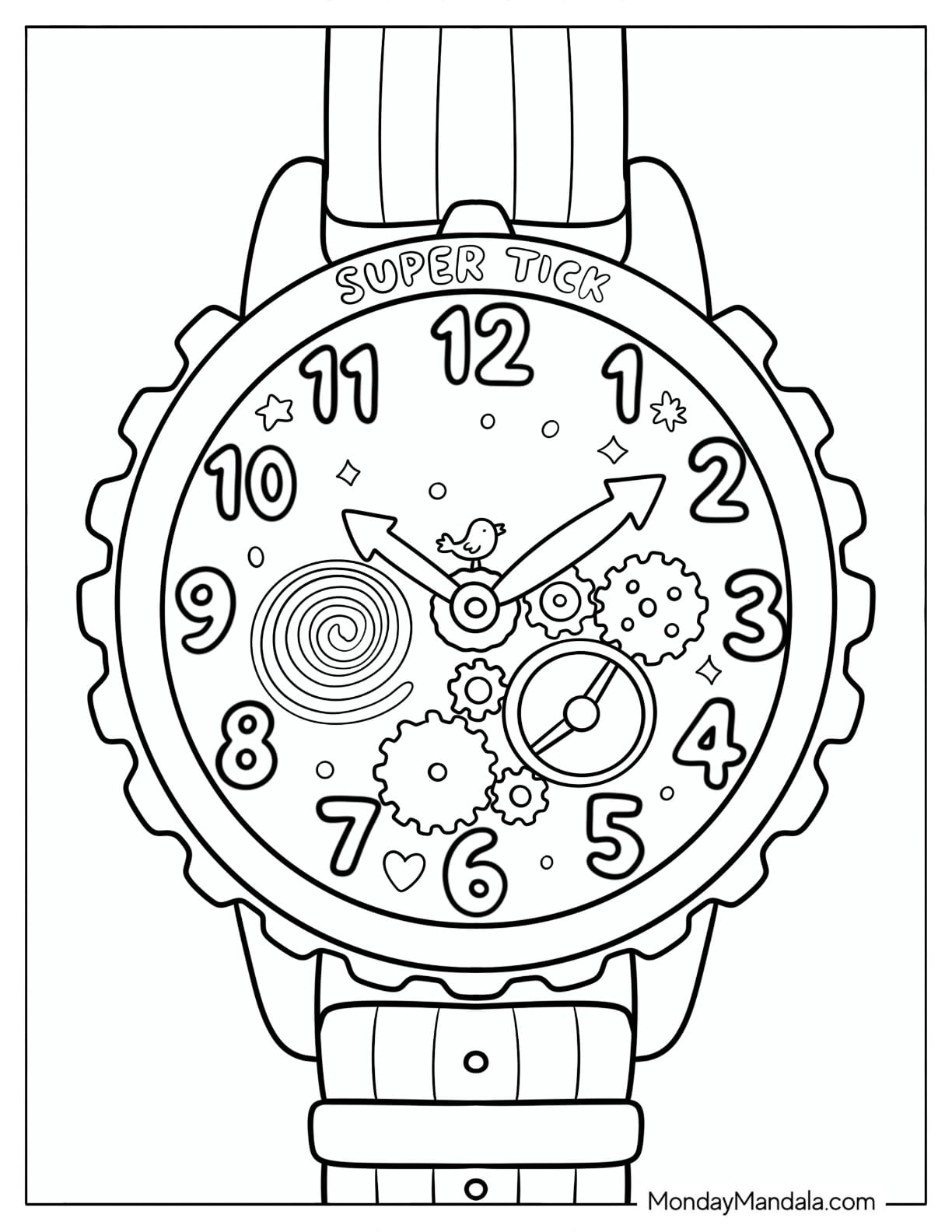 Mechanical Wristwatch with Exposed Gears Coloring Page
