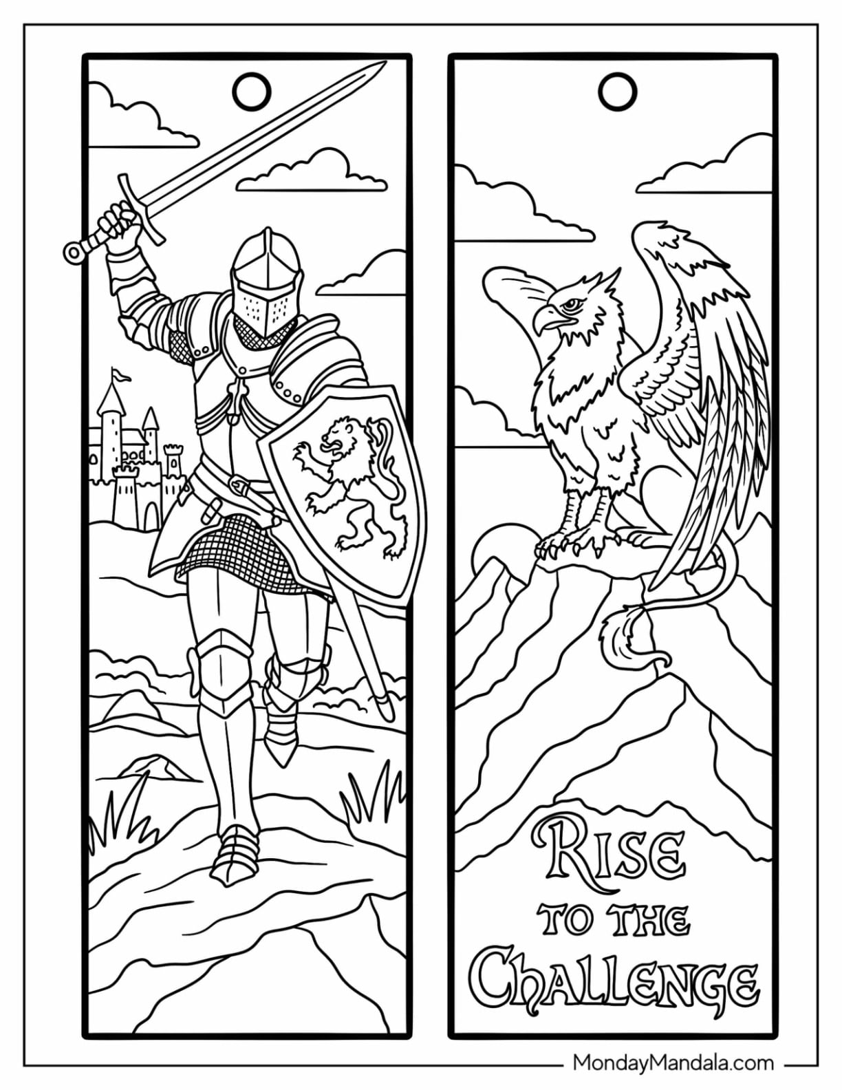 Medieval Knight and Eagle Rise to the Challenge Bookmark Coloring Page