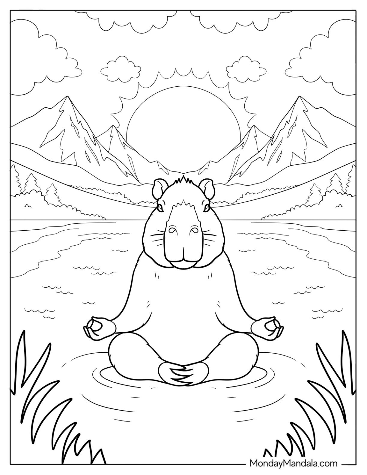 Meditating Capybara Coloring Page in Mountain Lake at Sunrise