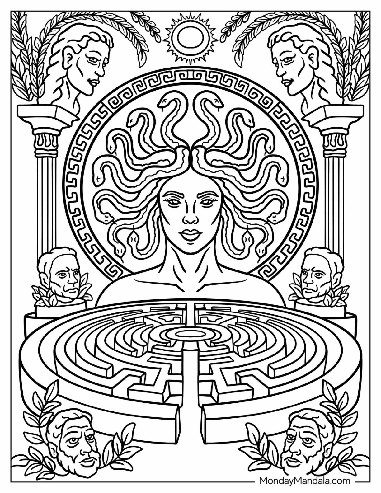 Medusa Coloring Page with Snake Hair Above a Mythical Labyrinth