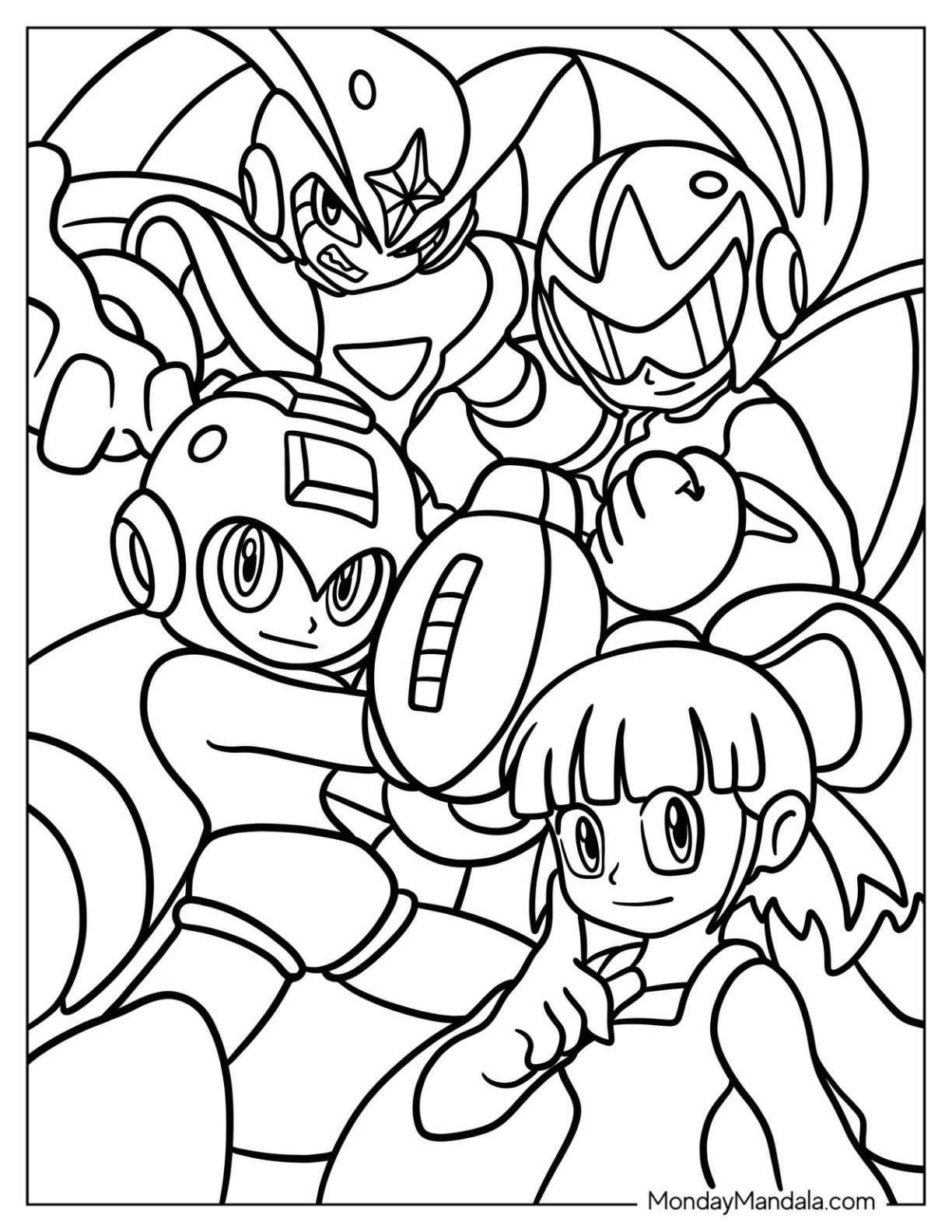 Mega Man Coloring Page With Roll, Proto Man, And Bass