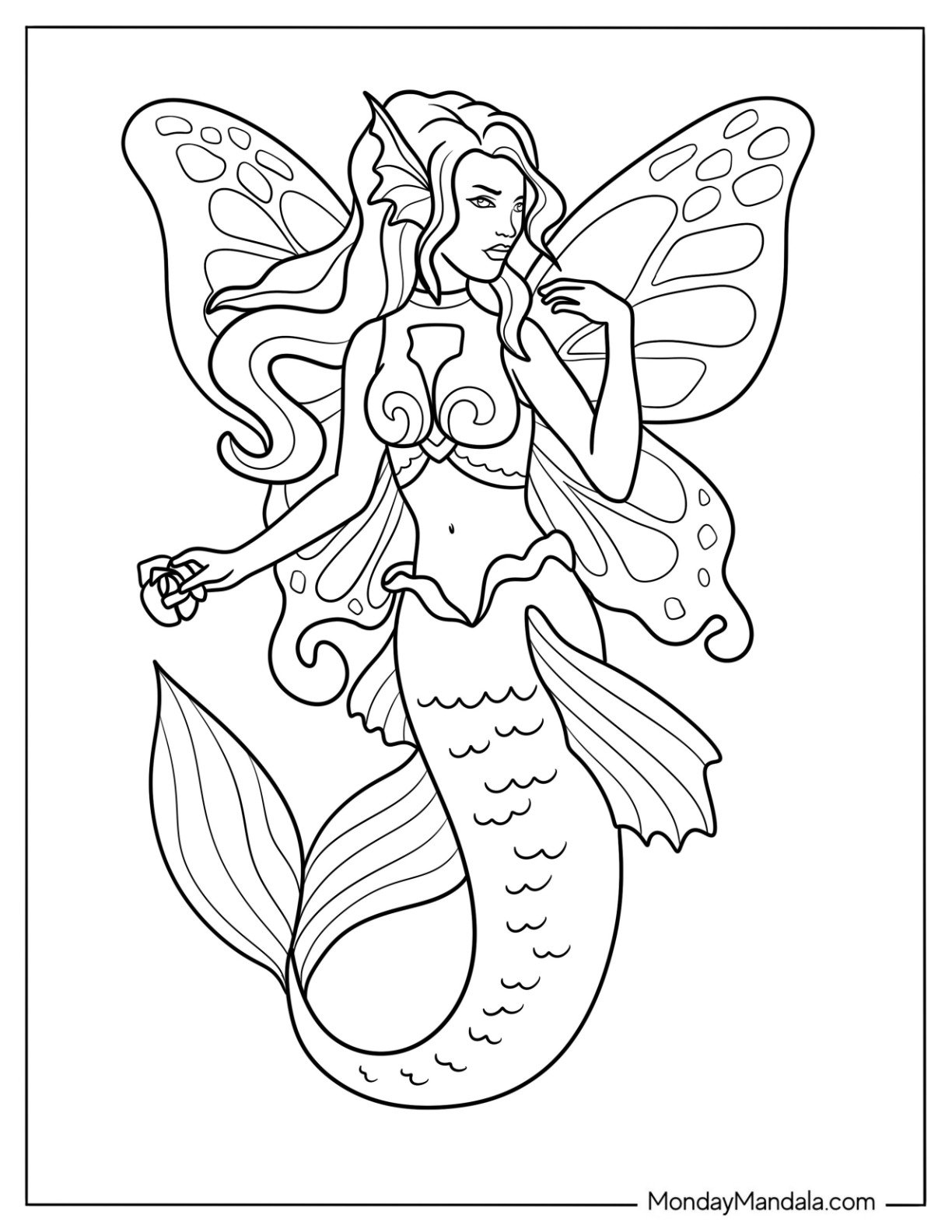 Mermaid Coloring Page of Fairy with Detailed Wings