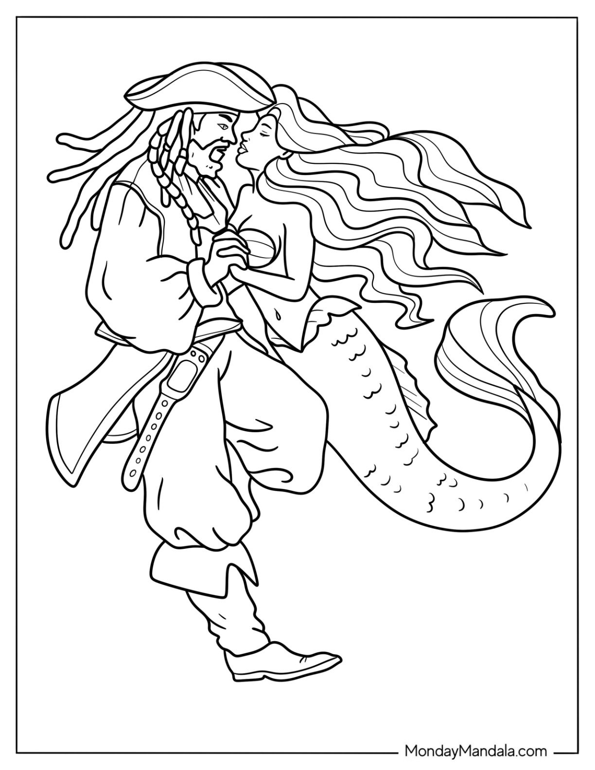 Mermaid Coloring Page Holding Hands with a Pirate to Kiss
