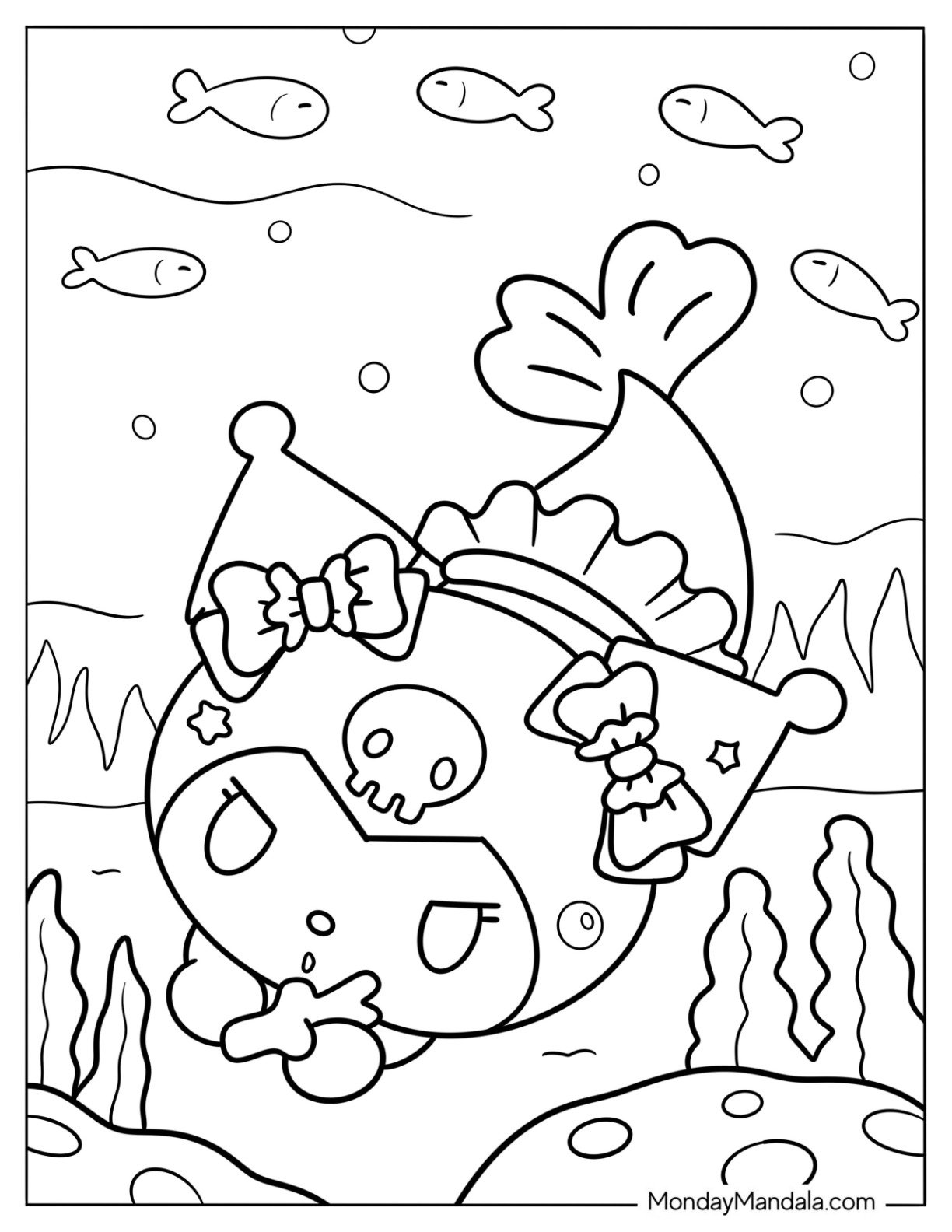 Mermaid Coloring Page Kuromi Collecting Corals Underwater