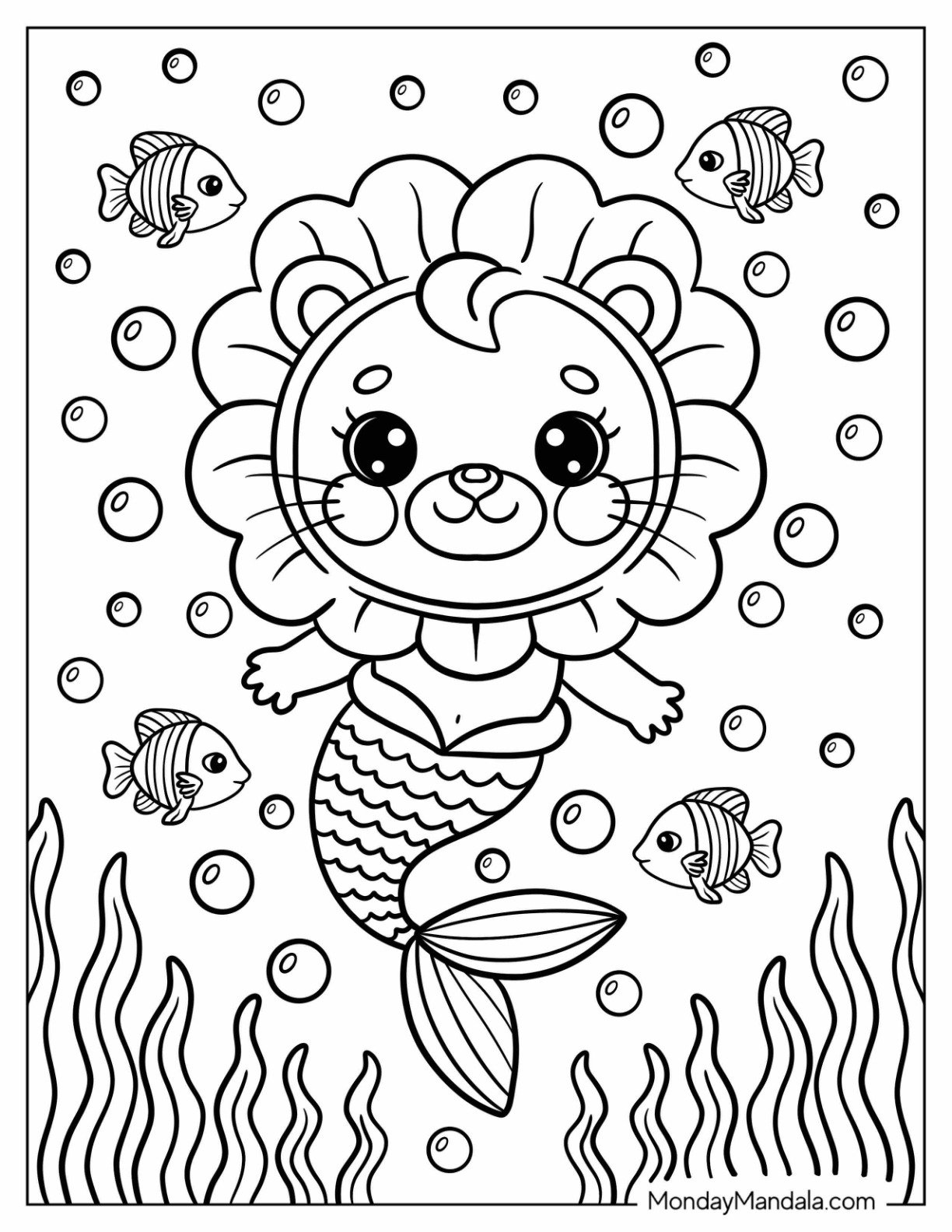 Mermaid Lion Coloring Page Swimming with Fish