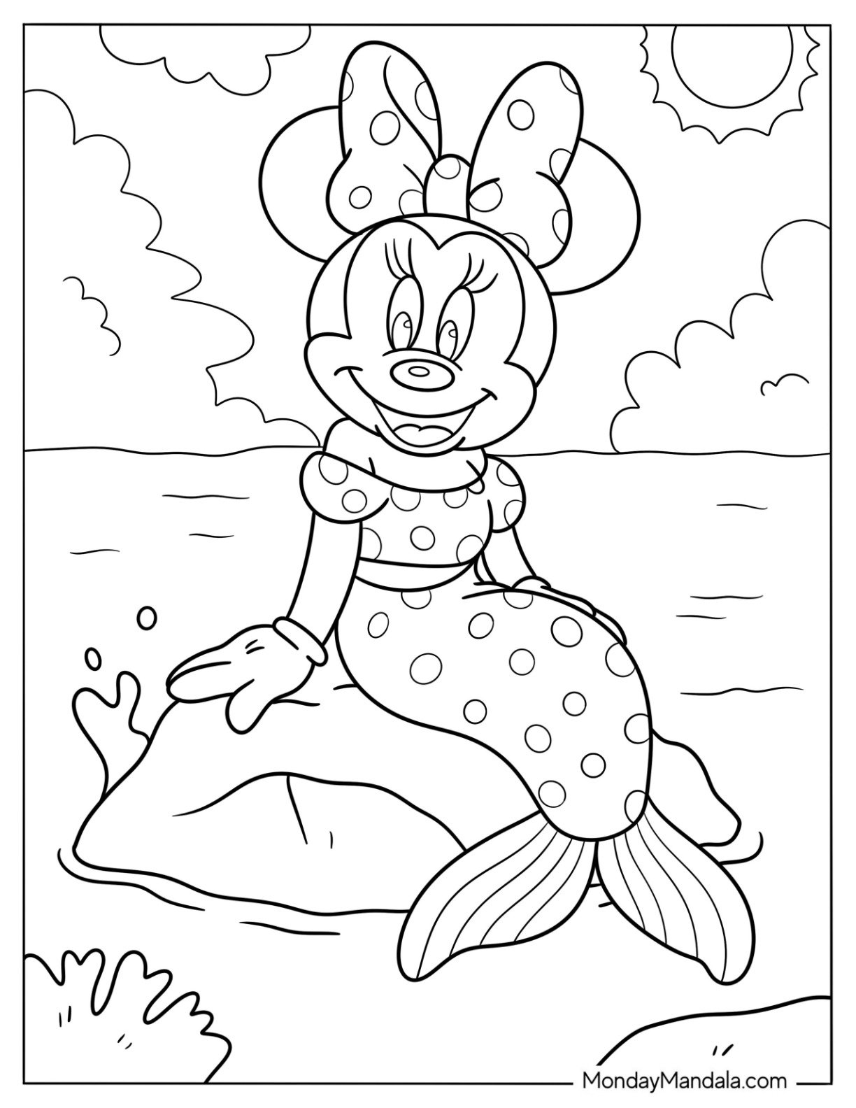 Mermaid Coloring Page of Minnie Mouse on a Rock under the Sun