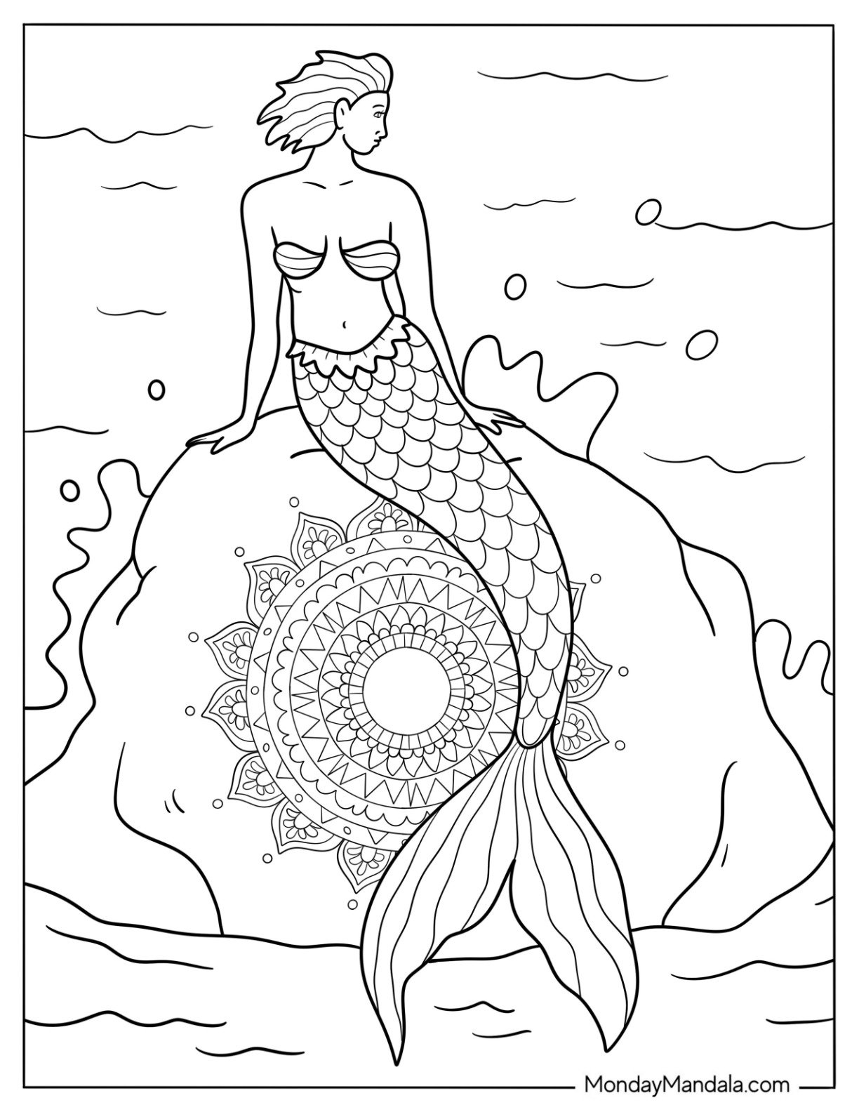 Mermaid Coloring Page Perched on a Massive Rock with Mandala Design