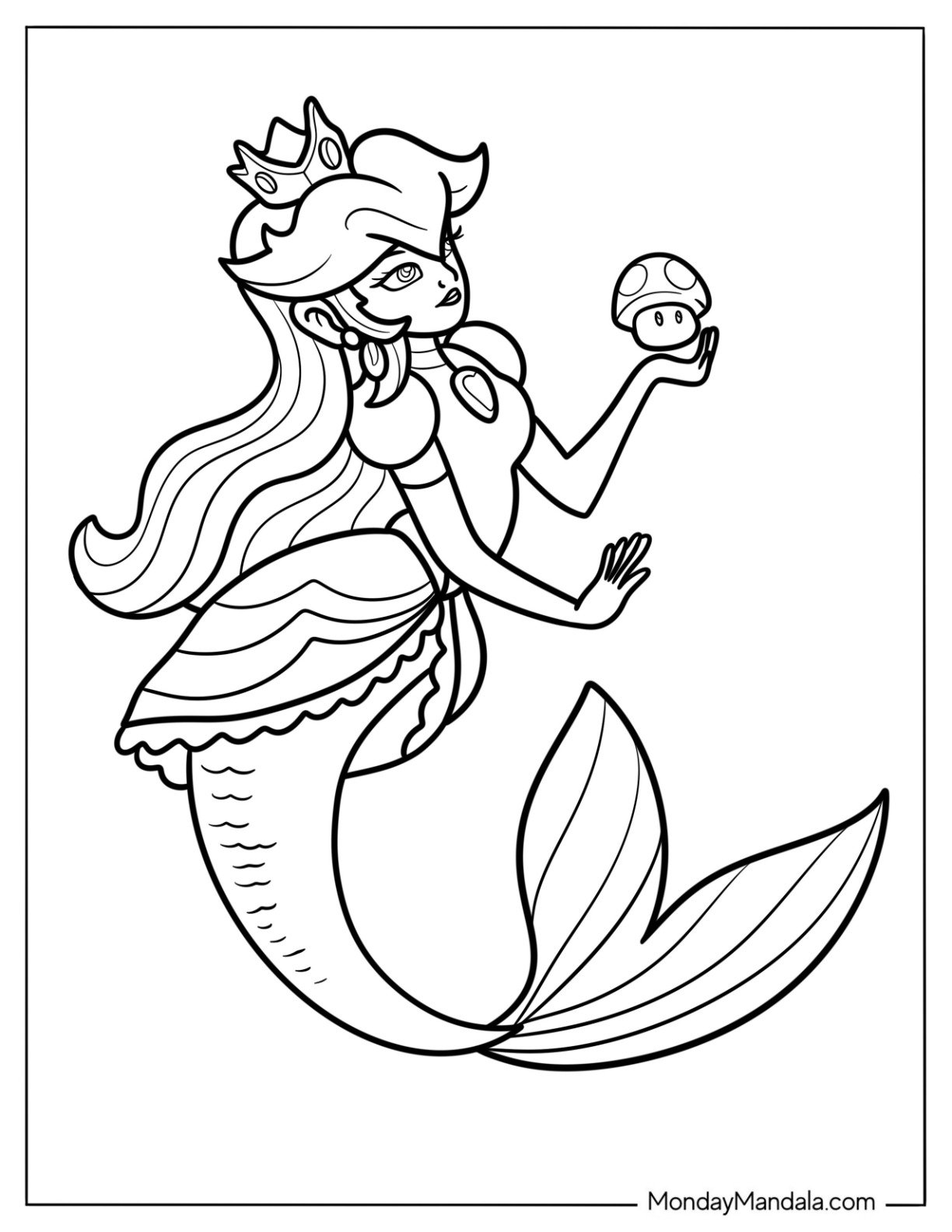 Mermaid Coloring Page Princess Peach Holding a Tiny Toad