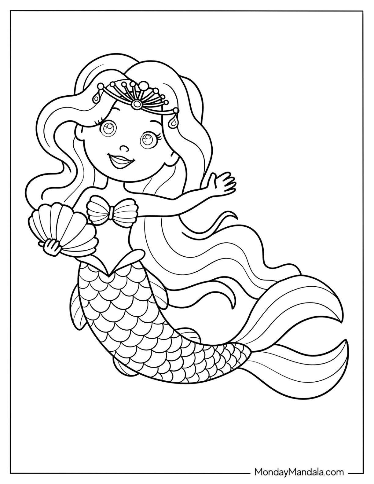 Mermaid Coloring Page Princess with Crown Waving for Kids