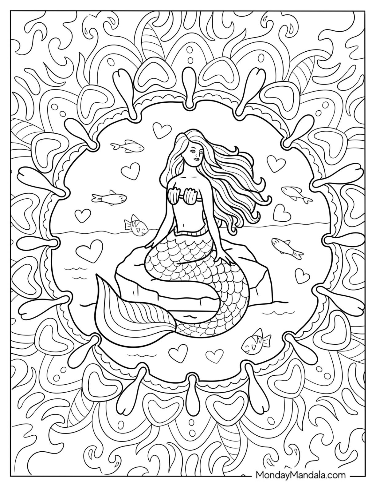 Mermaid Coloring Page Resting on Rock at Sea Framed with Shells