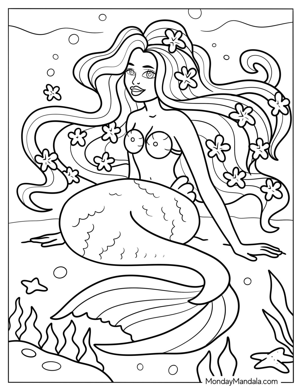 Mermaid Coloring Page Sitting on Sea Floor with Flowers in Her Hair