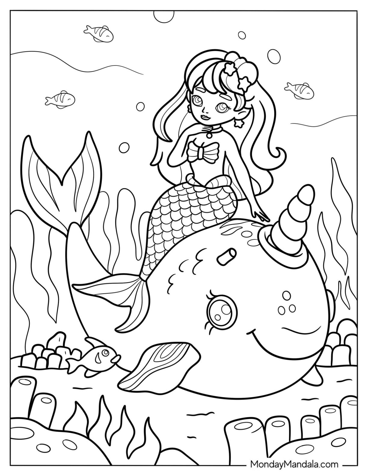 Mermaid Coloring Page Sitting on a Narwhal under the Sea