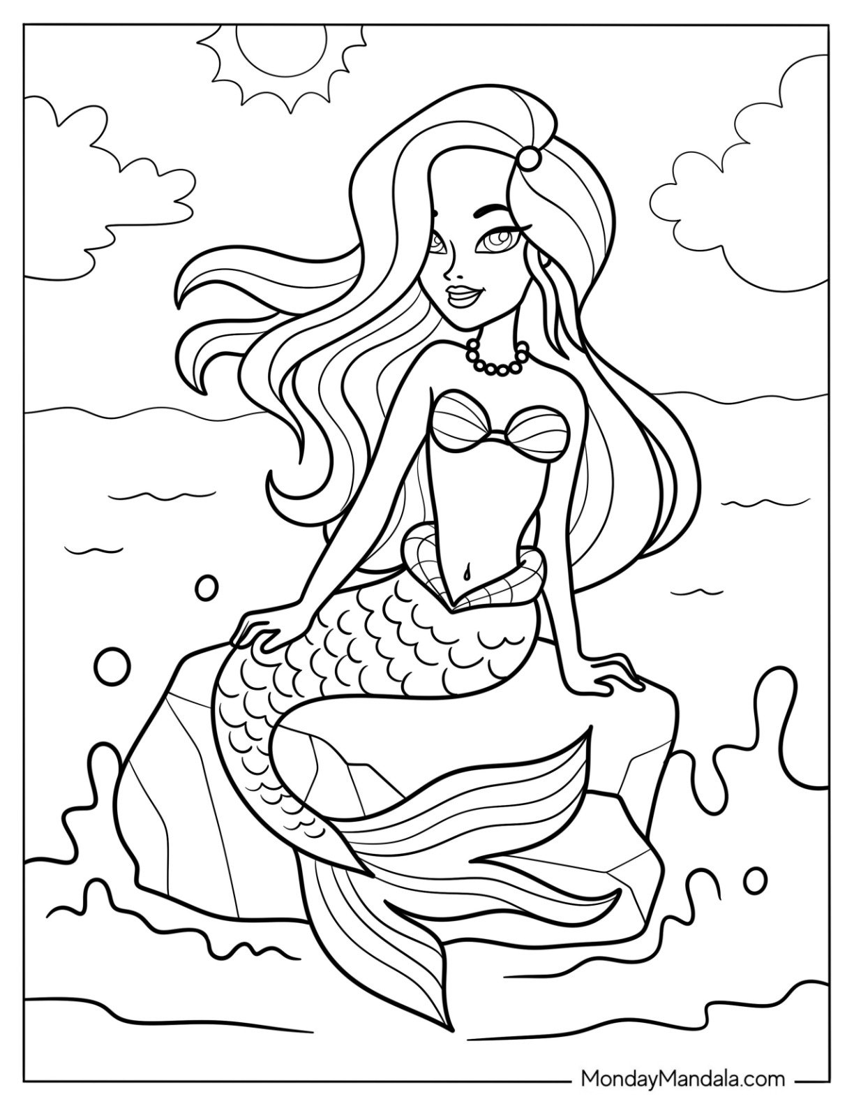 Mermaid Coloring Page Sitting on a Rock at Sea on a Sunny Day