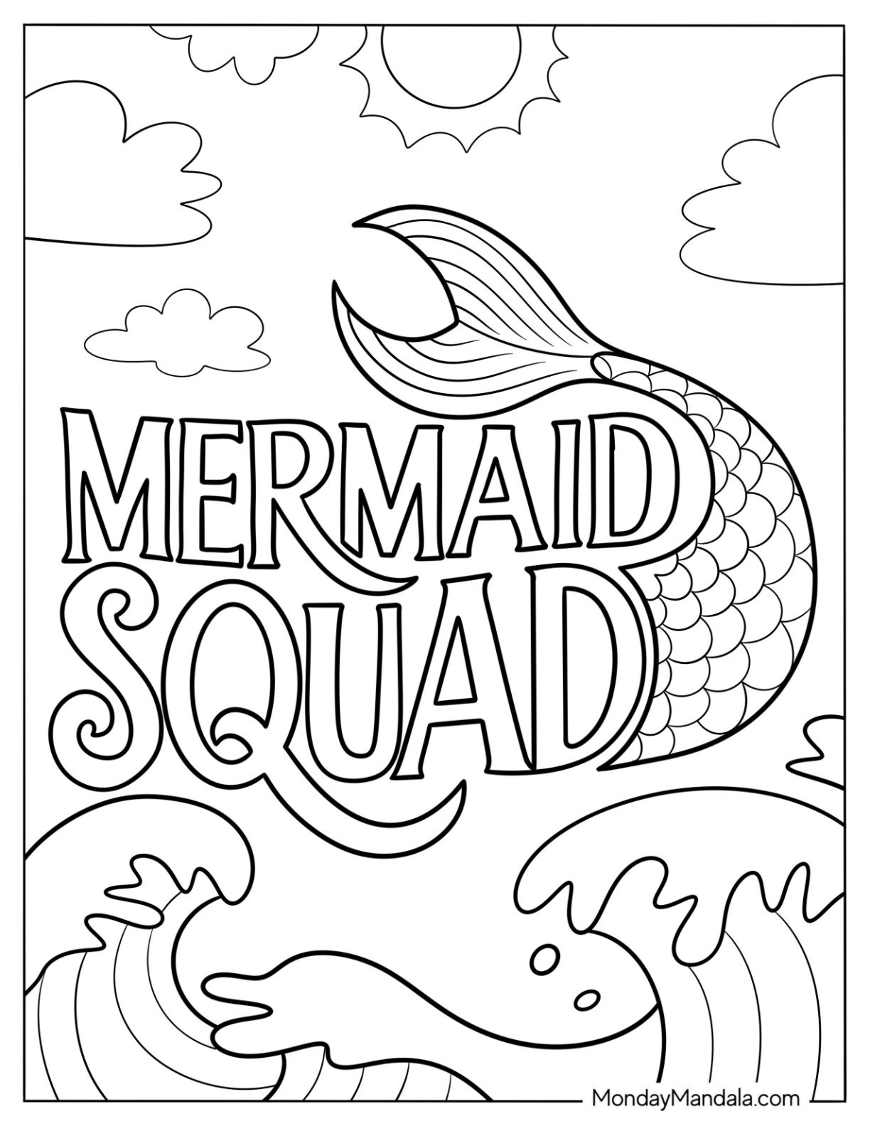Mermaid Coloring Page Squad Text with Decorative Mermaid Tail and Crashing Waves