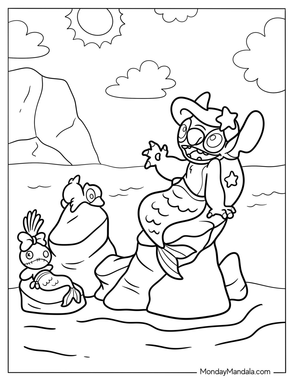 Mermaid Coloring Page Stitch Posing on Rocks with His Toys