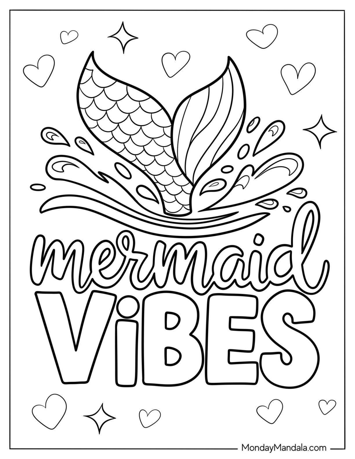 Mermaid Coloring Page Vibes Text with Mermaid Tail Splashing Water