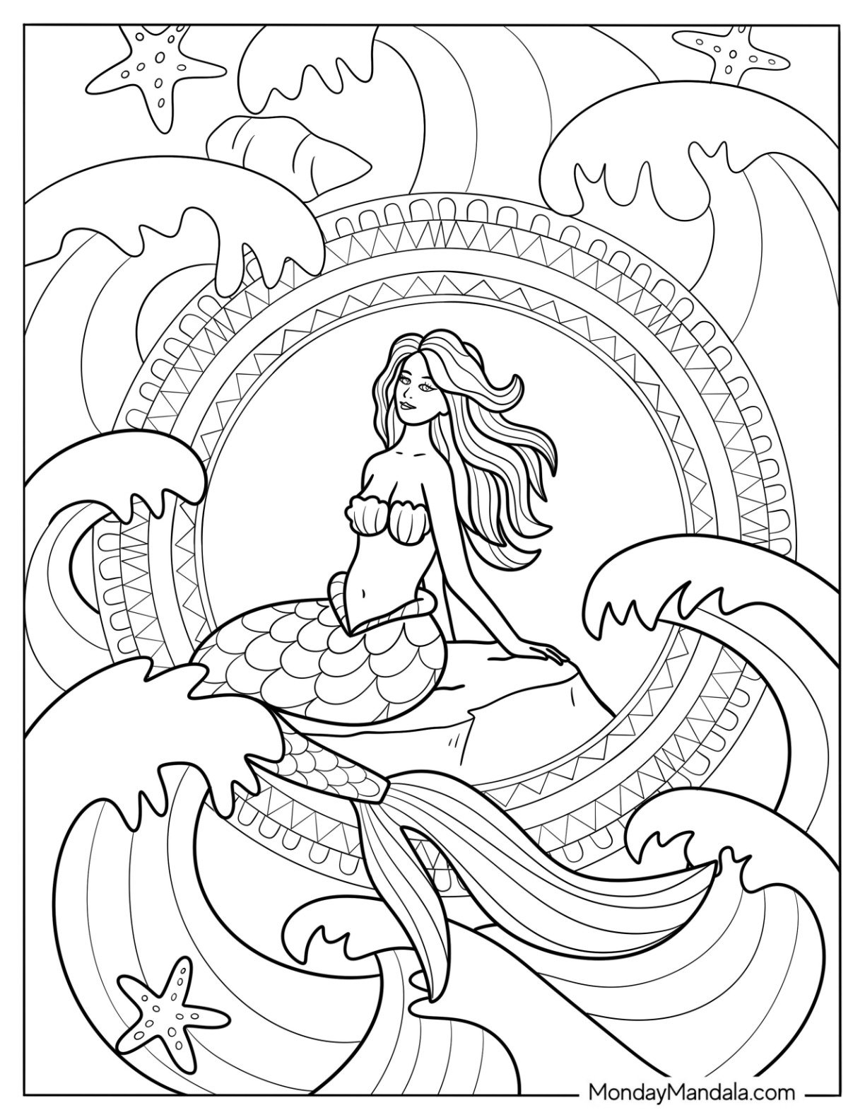Mermaid Coloring Page at the Center of Geometric Mandala and Large Waves