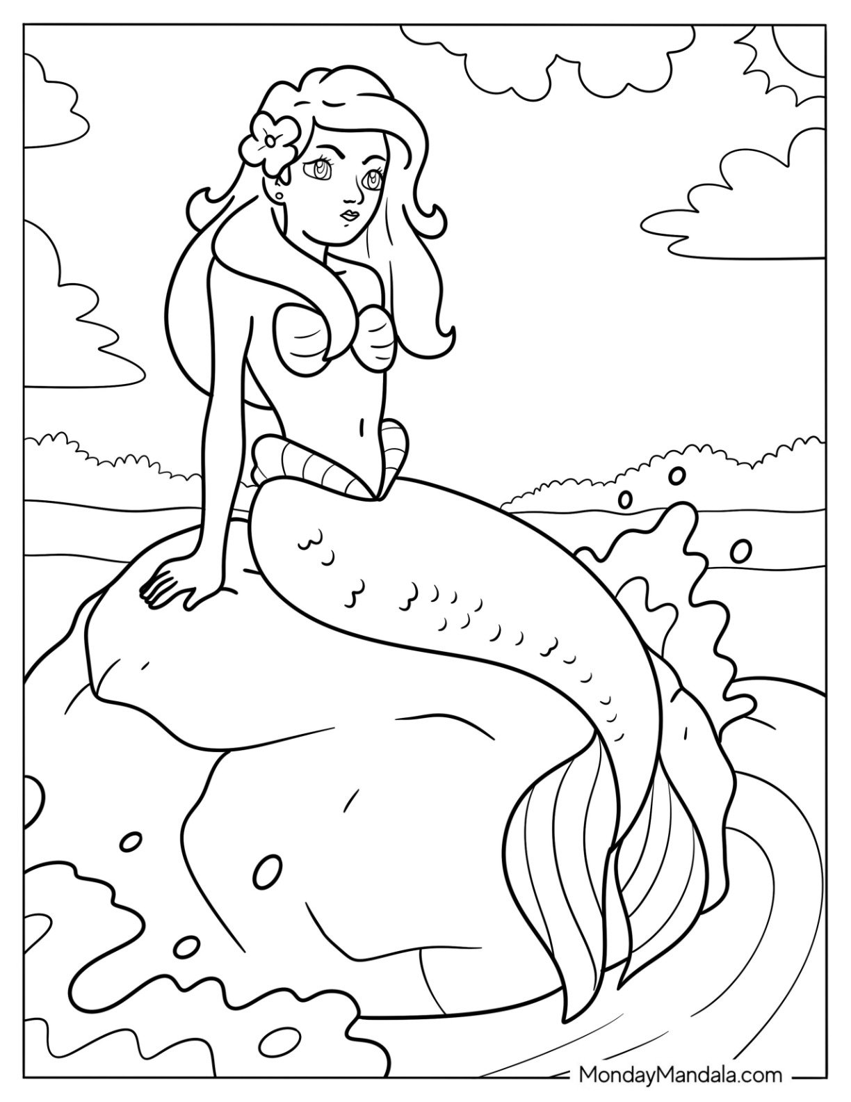 Mermaid Coloring Page with Flower in Her Hair Sunbathing on a Rock