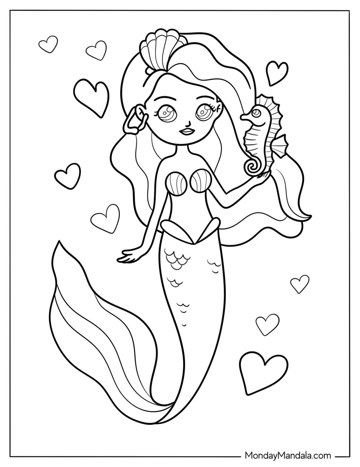 Mermaid Coloring Page with Shell Brooch Holding a Tiny Seahorse for Kids