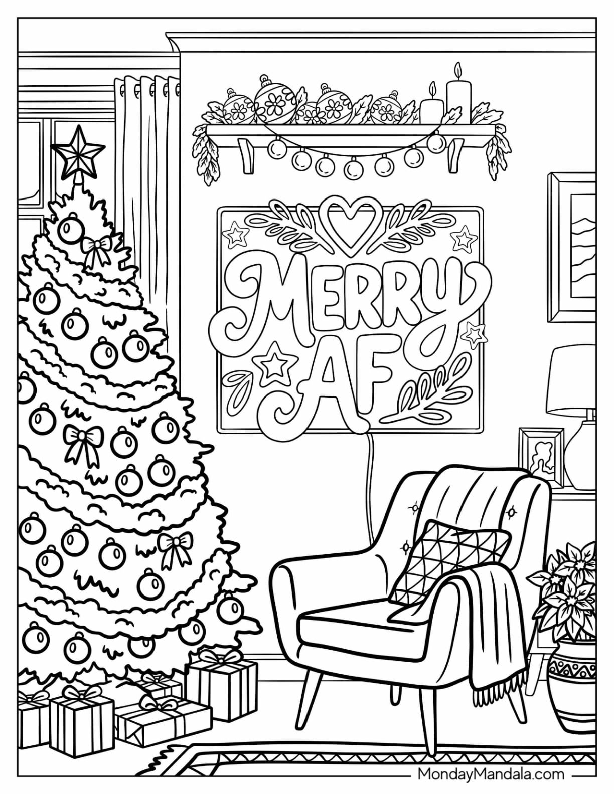 Merry AF Decor in a Festive Living Room Christmas Coloring Page for Adults