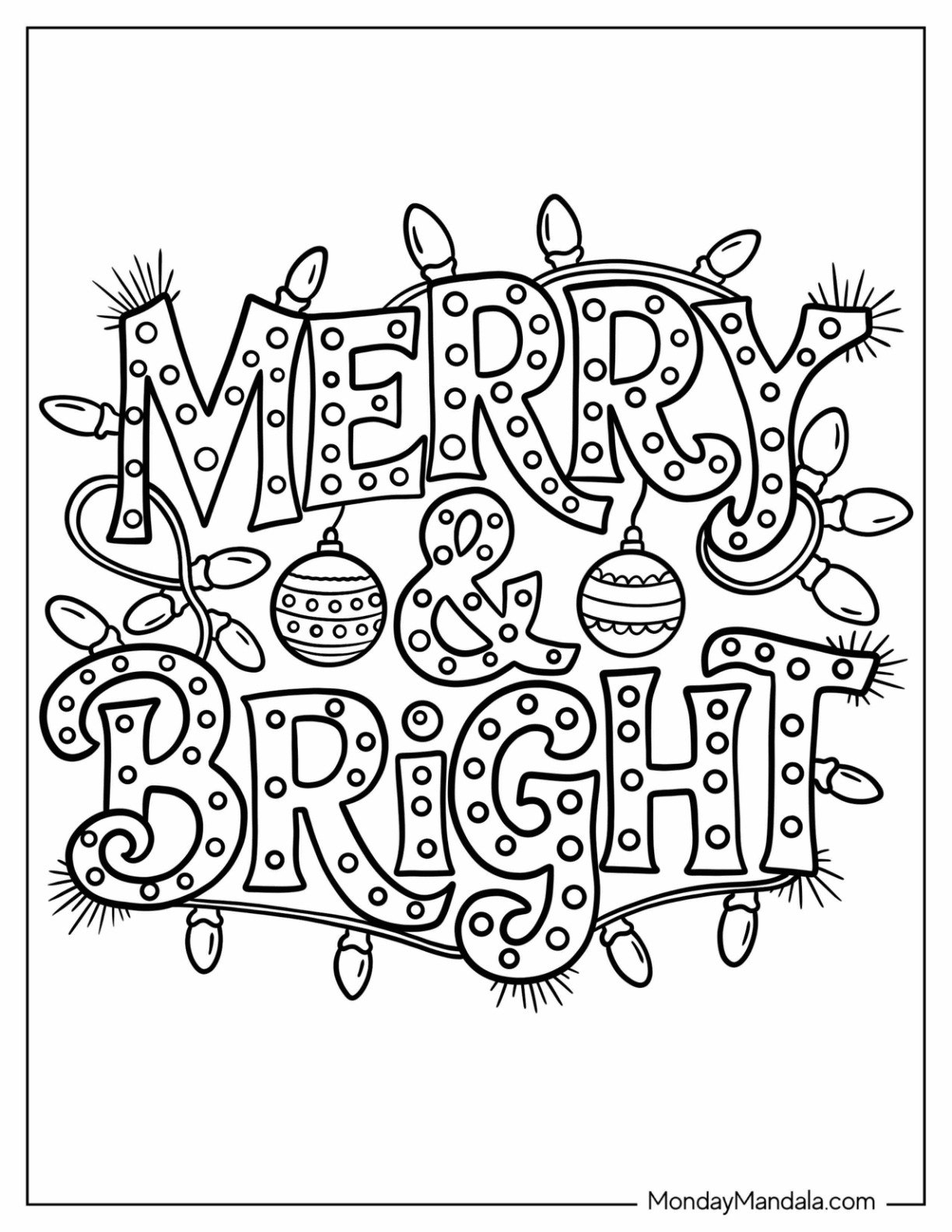 Merry & Bright Text Tangled with Christmas Lights Coloring Page