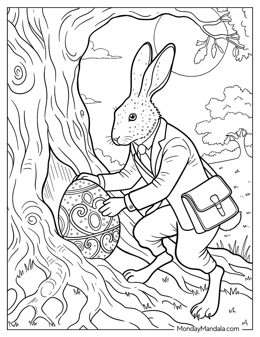Easter For Adults Coloring Page of Messenger Rabbit Collecting Easter Eggs
