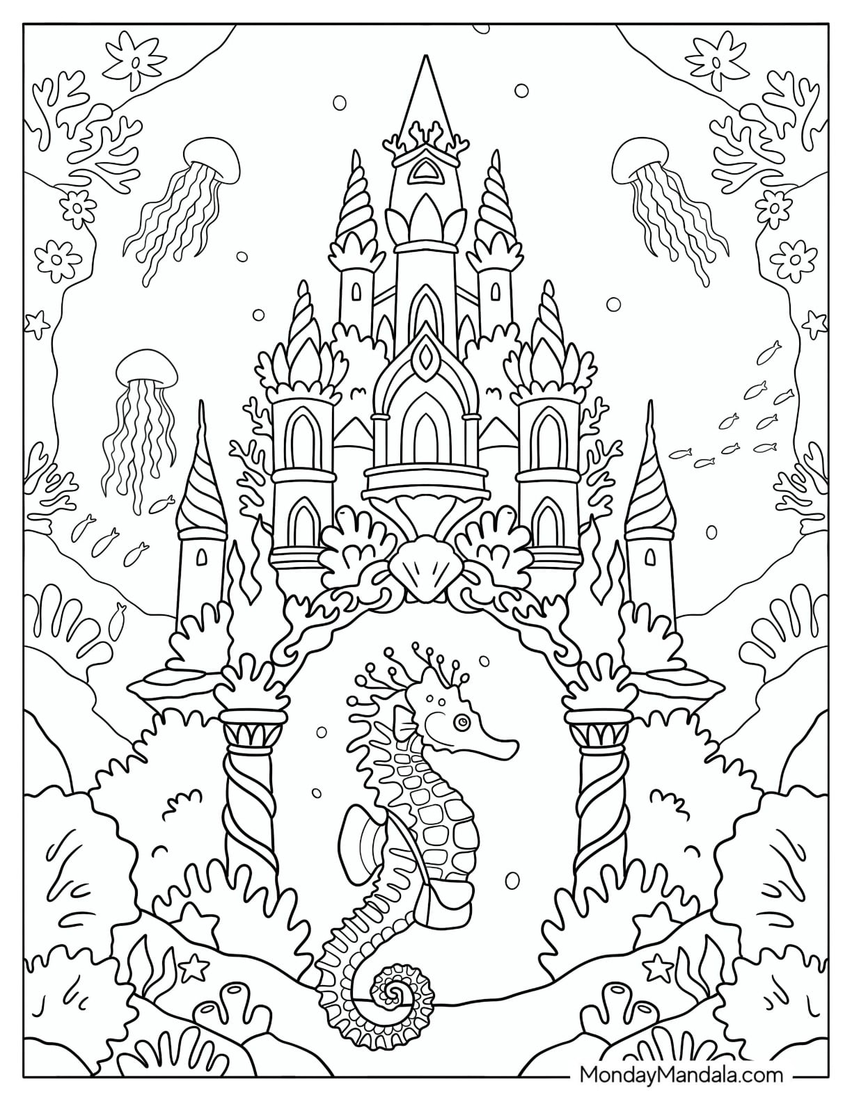 Messenger Seahorse in an Underwater Castle Coloring Page