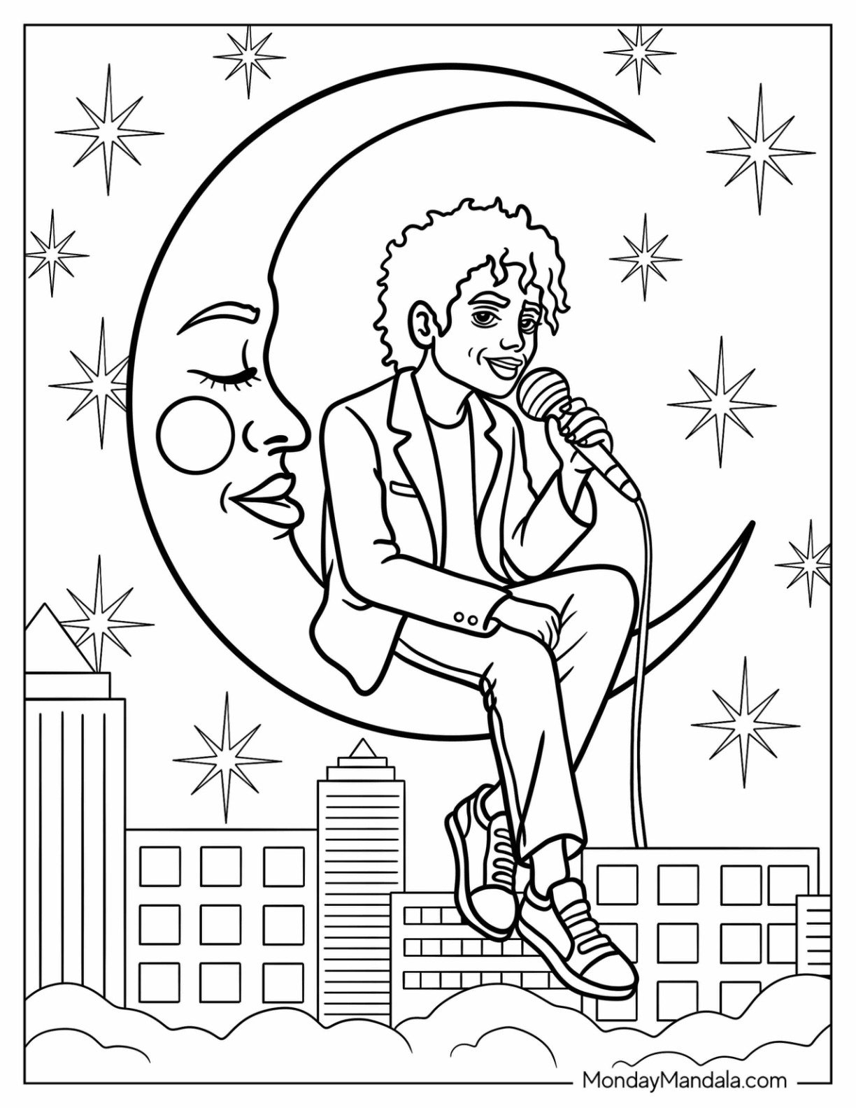 Michael Jackson Coloring Page Sitting on a Crescent Moon While Singing