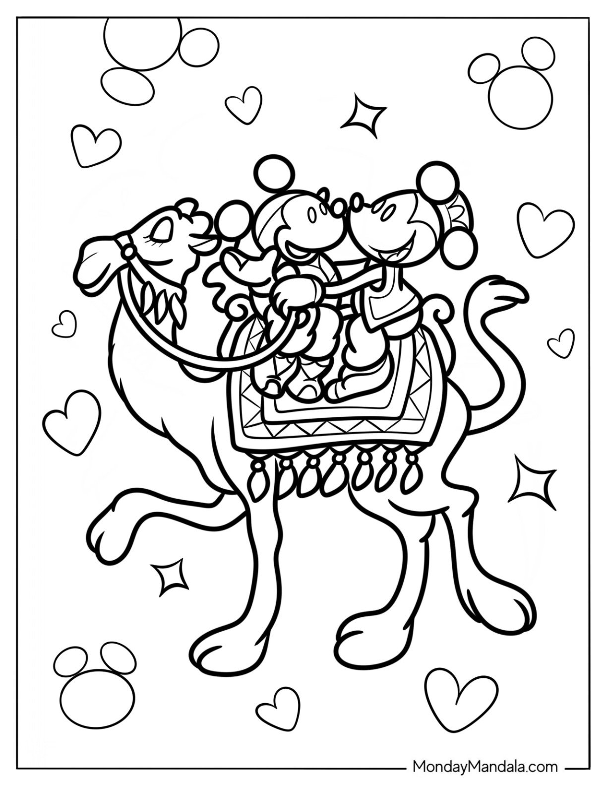 Mickey Mouse And Minnie Mouse Riding A Camel Coloring Page