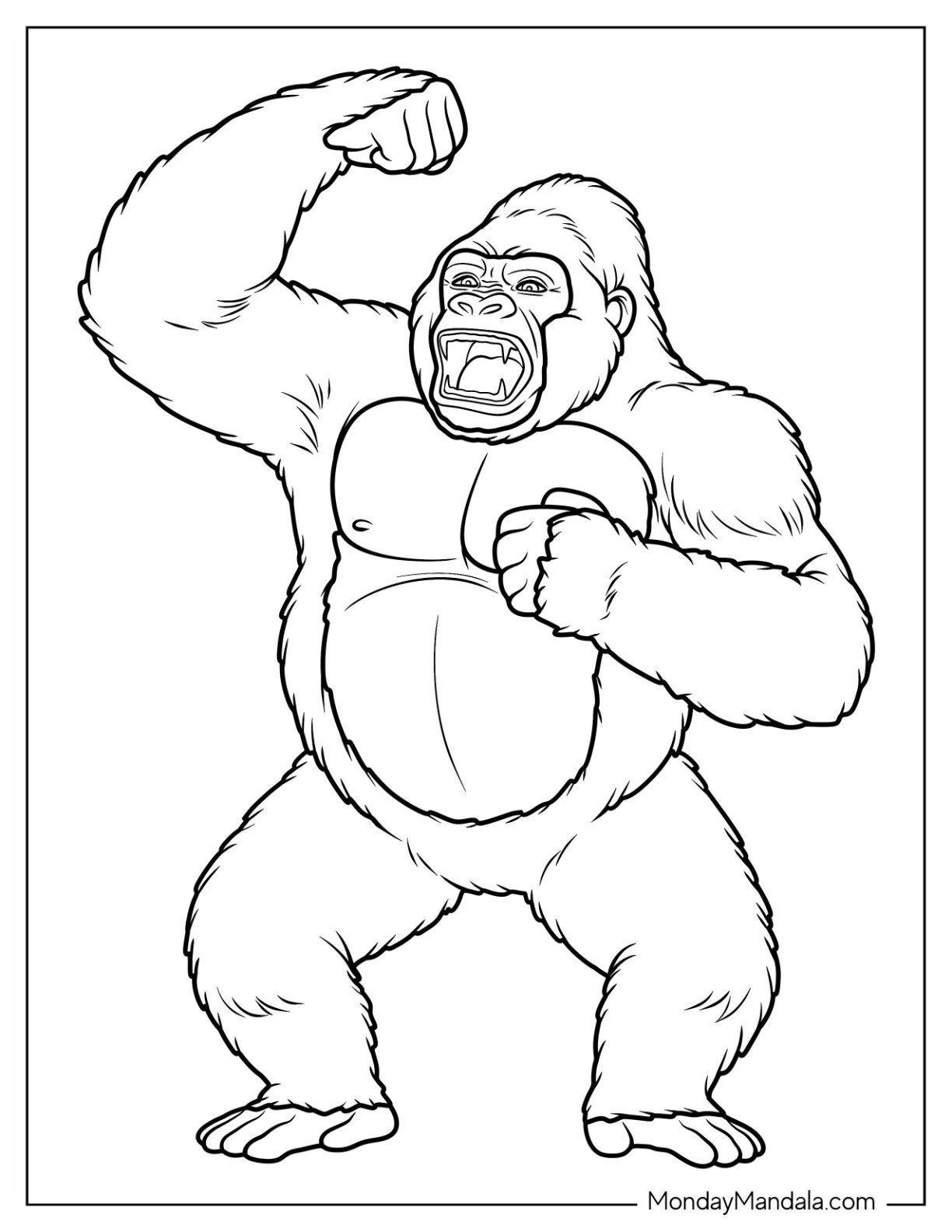 Mighty Gorilla Coloring Page Roaring with Fists Raised for Kids