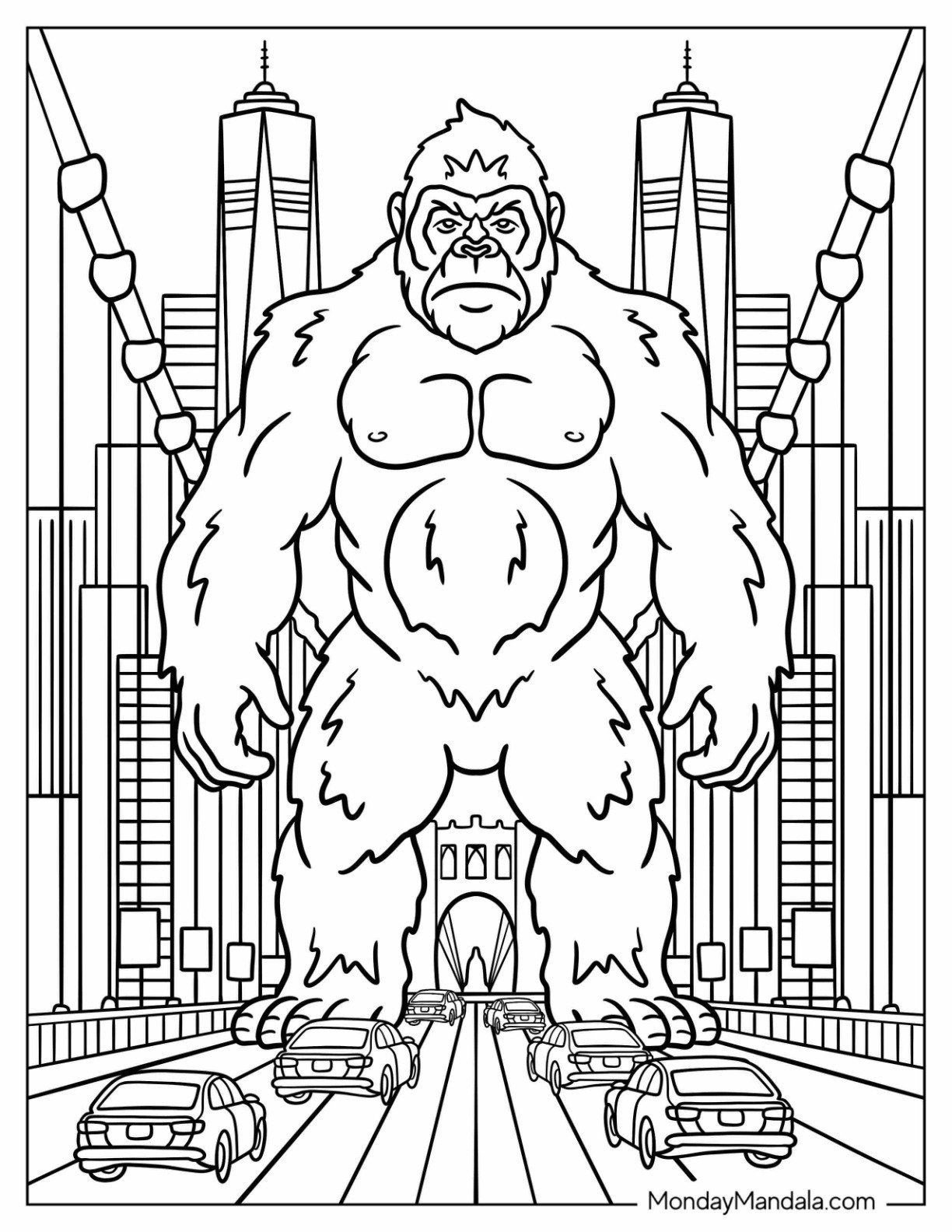 Mighty King Kong Coloring Page Standing in San Francisco Golden Gate Bridge for Kids