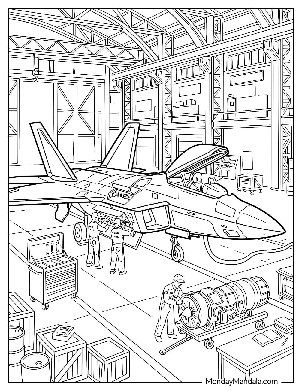 Military Jet Undergoing Maintenance in an Aircraft Hangar Coloring Page