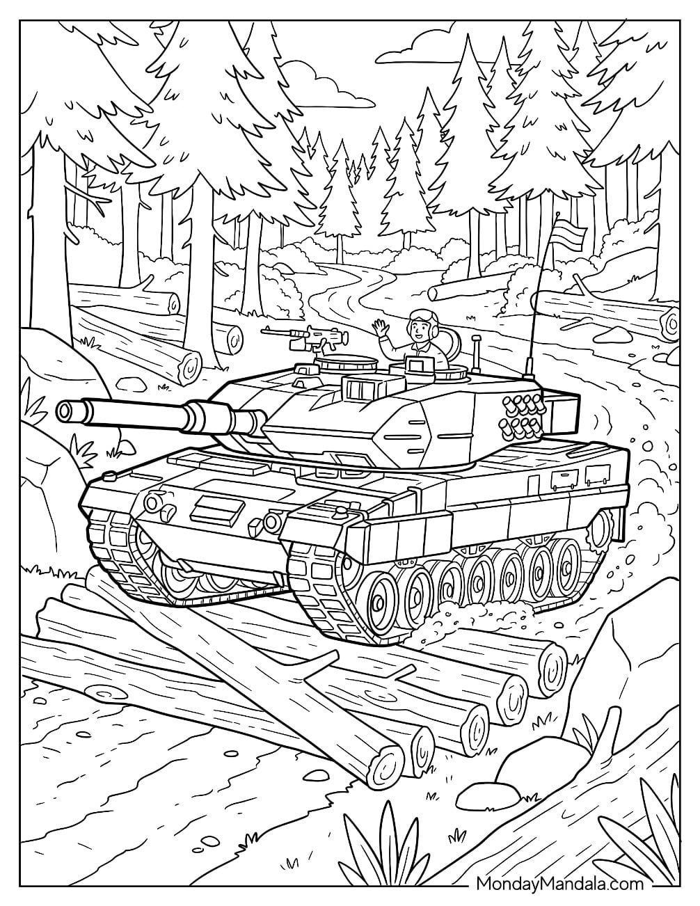 Military Tank Crossing a Forest Stream Coloring Sheet