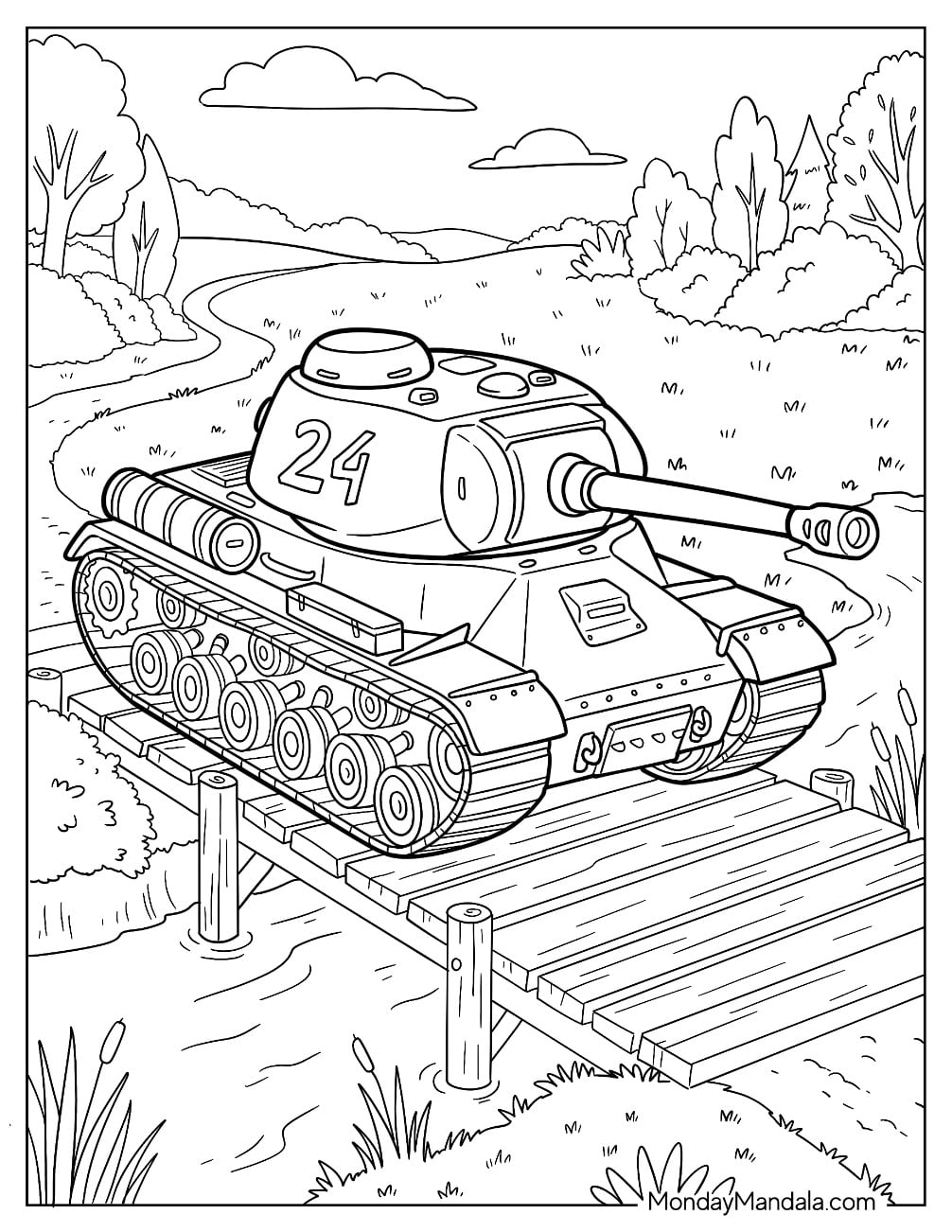 Military Tank Crossing a Wooden Bridge Coloring Page for Kids