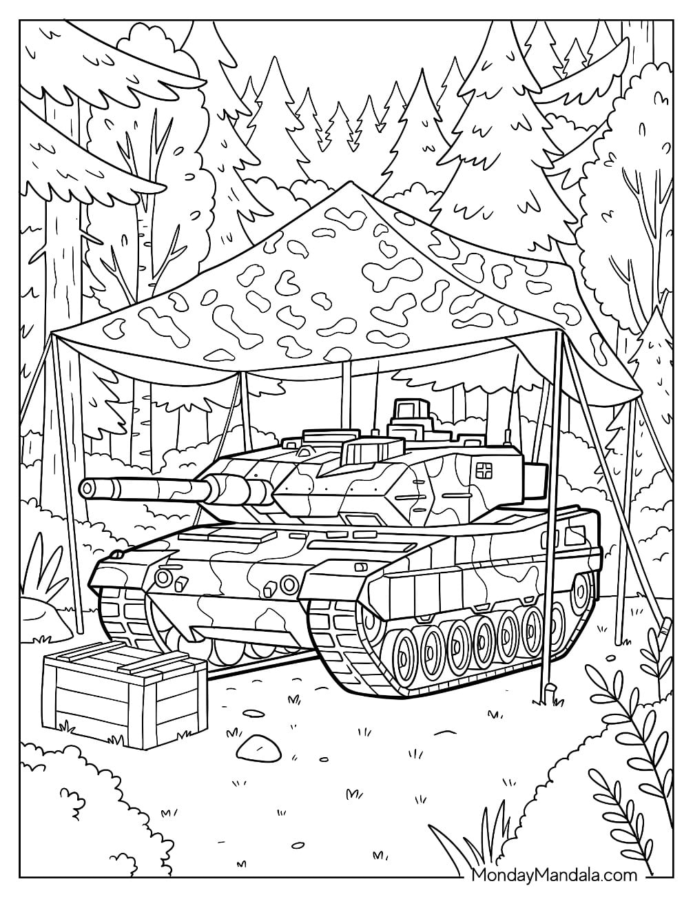 Military Tank Under a Camouflage Canopy in a Forest Coloring Sheet