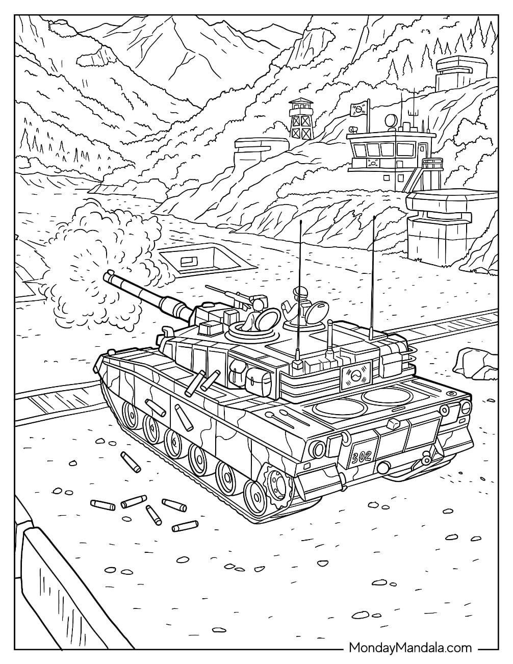 Military Tank at a Mountain Military Base Coloring Page