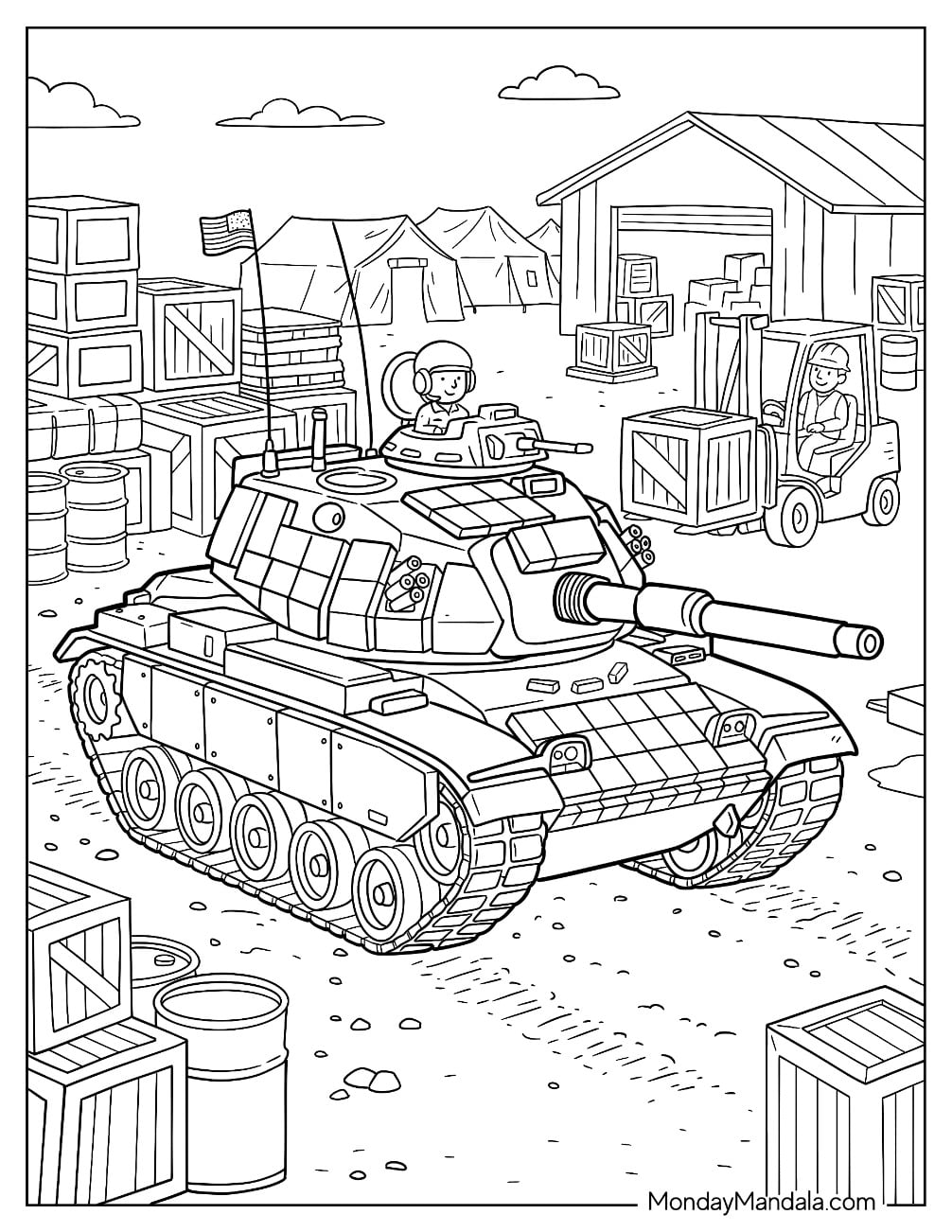 Military Tank at a Supply Depot with Crates and Tents Coloring Sheet