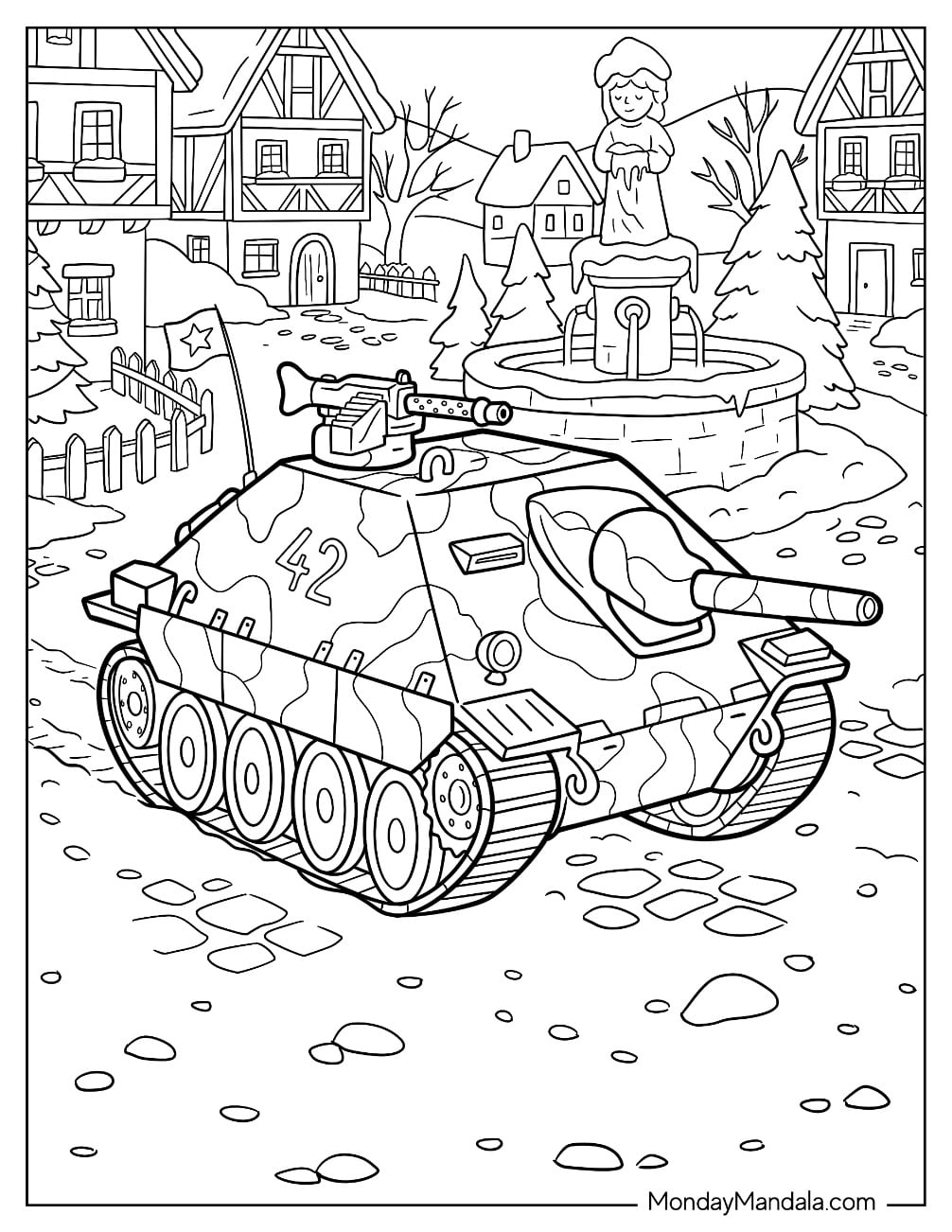 Military Tank in a Village Square Coloring Page
